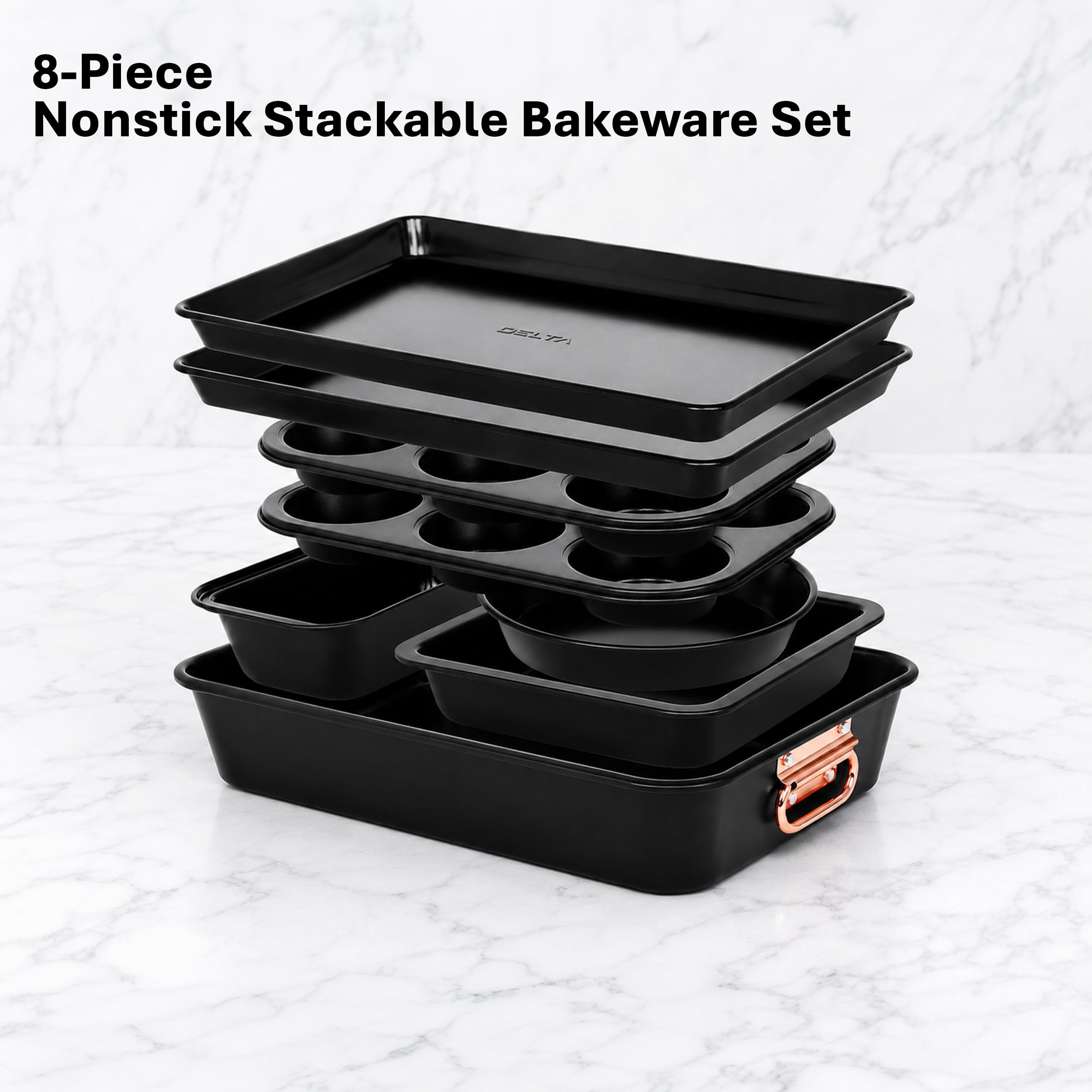8-teiliges stapelbares Backformen-Set, Antihaft-Keramikbeschichtung, ofenfest bis 230 °C, BPA-frei, inklusive 2 Muffinformen, Kastenform, Bräter, runde und quadratische Pfannen,