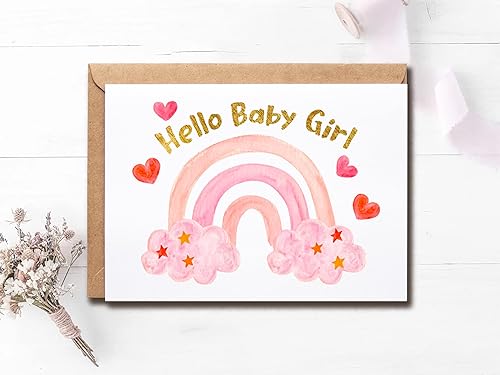 Miniatura 3 de Hello Baby Girl - Tarjeta de baby shower, tarjeta de acuarela arco iris para niña, tarjeta elegante para nueva niña - Tarjeta arcoíris