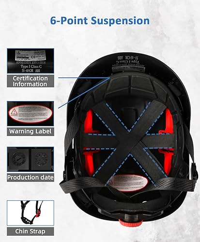 Vista 2 de Safety Helmet Hard Hat, ANSI Z89.1 Approved Lightweight Vented Work Helmet, 6-Point Adjustable Ratchet Suspension Hardhat Ideal for Industrial and