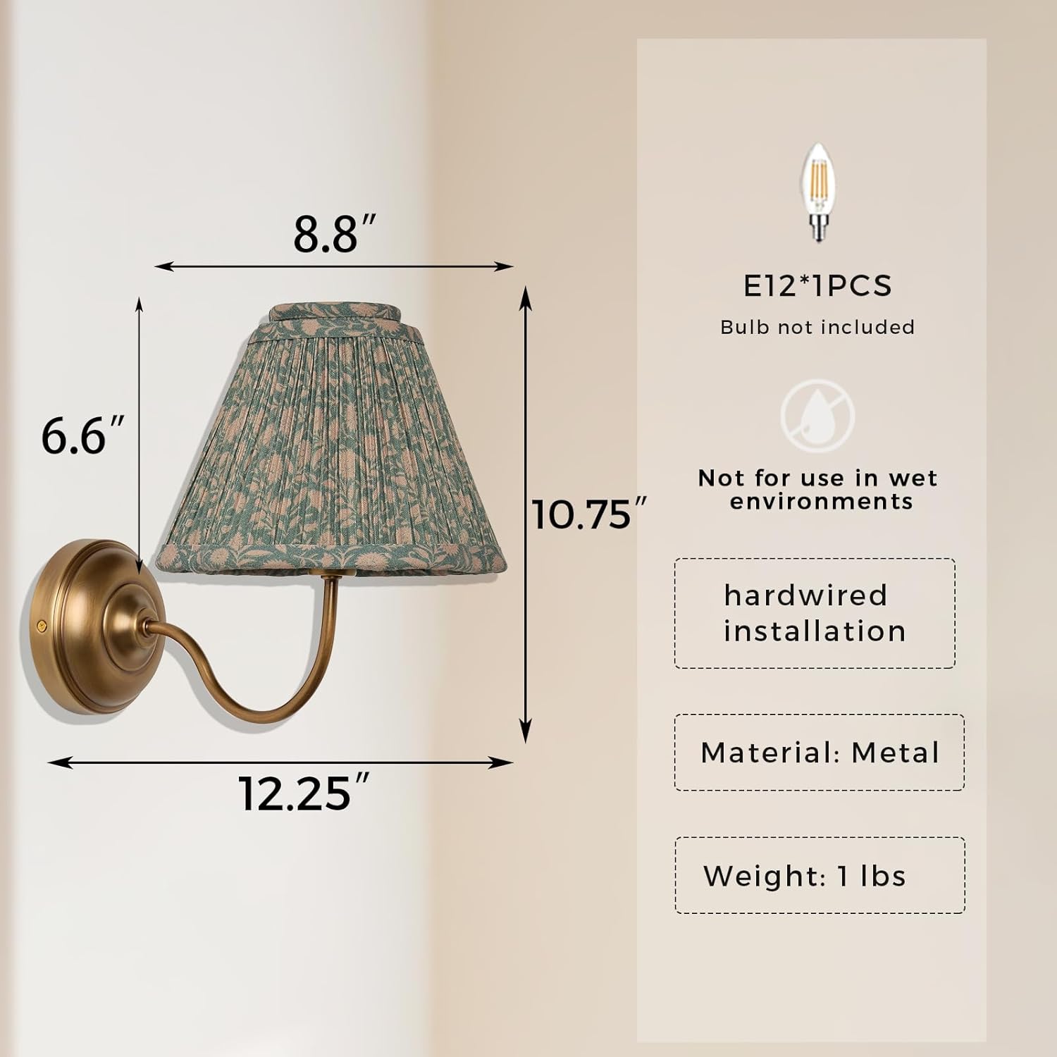 Mid-Century Modern Wall Sconce - Aged Brass Hardwired with Floral Fransen Linen Shade, 12.2” Textured Lighting Fixture for Bedroom, Hallway by Fireplace
