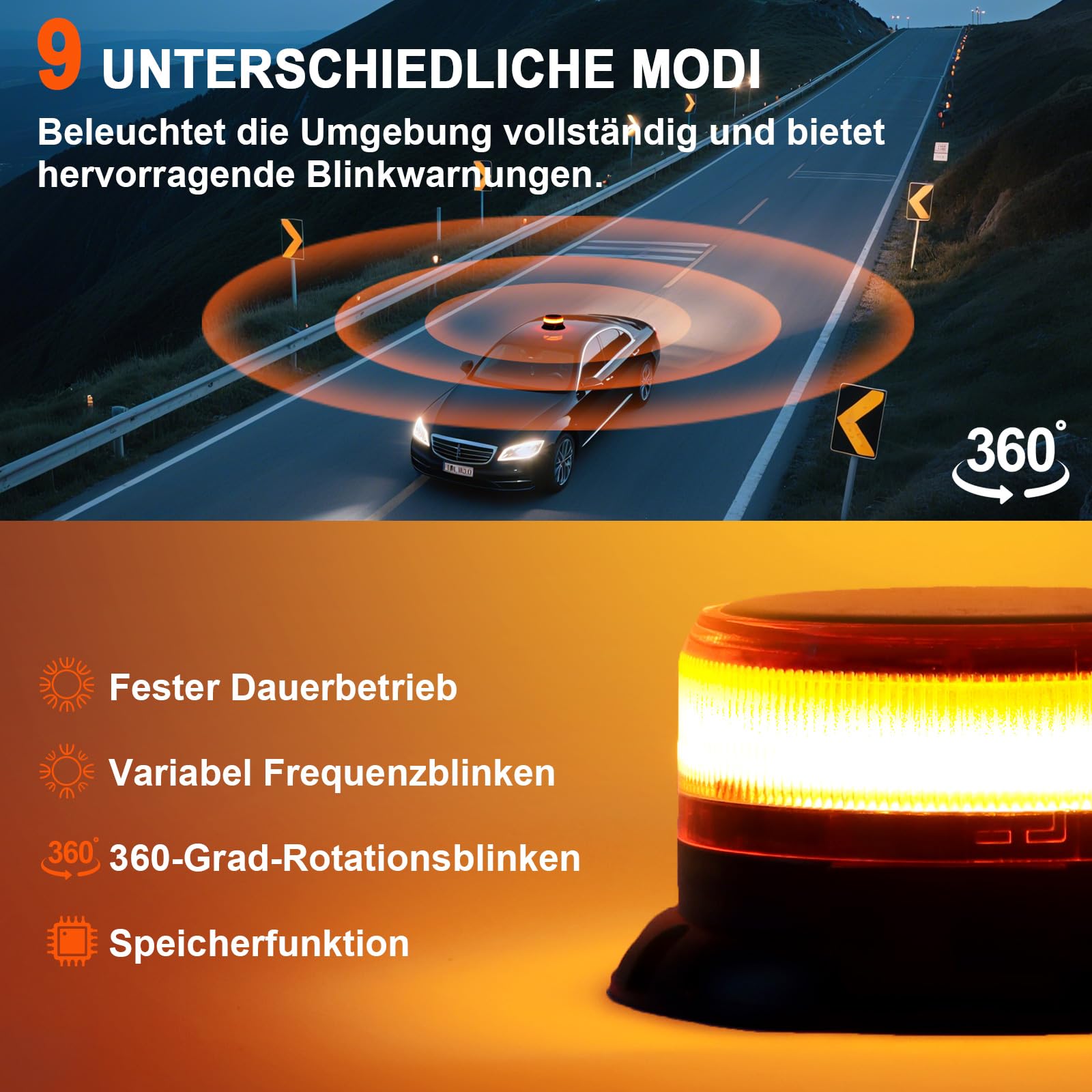 AnTom Rundumleuchte Akku Solarenergie mit 9 Blitzmustern, 12V 24V Gelb Warnleuchte LED Magnet mit Kabel und USB-Kabel für Auto, LKW, Traktor, Golfwagen, SUV，Notfallfahrzeuge und Baustellen