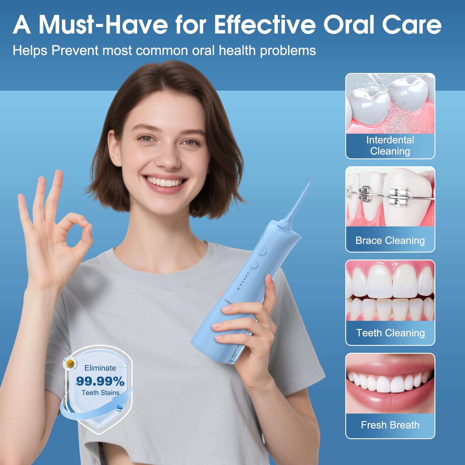 Leominor Idropulsore dentale ad acqua, 5 modalità, irrigatore orale senza fili, impermeabile IPX7, ricaricabile, per la pulizia dei denti con serbatoio datchable, per la pulizia professionale del filo