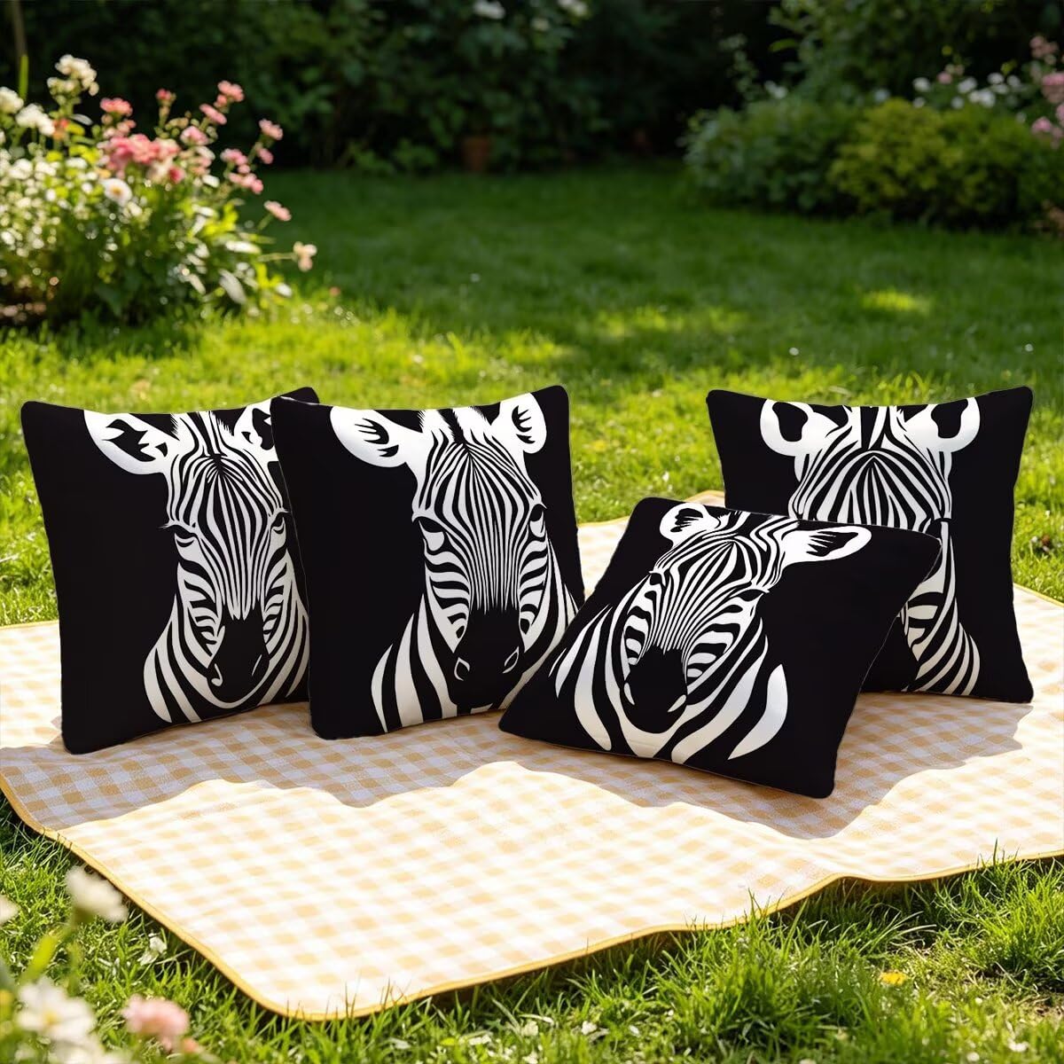 Federe Cuscino Divano 60x60 cm, Nero Cuscini per Divano da Esterno Set da 4, Lino Copricuscini Divanos Impermeabile, Copri Cuscini Zebra Motivo Fronte Retro Stampato per Giardino, Sofá, Balcón, F-93
