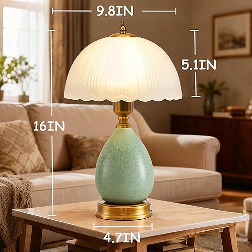 Miniatura 2 de Lámpara de mesa de cerámica verde para sala de estar, lámparas modernas de mesita de noche de 16 pulgadas con pantalla de vidrio blanco, lámpara