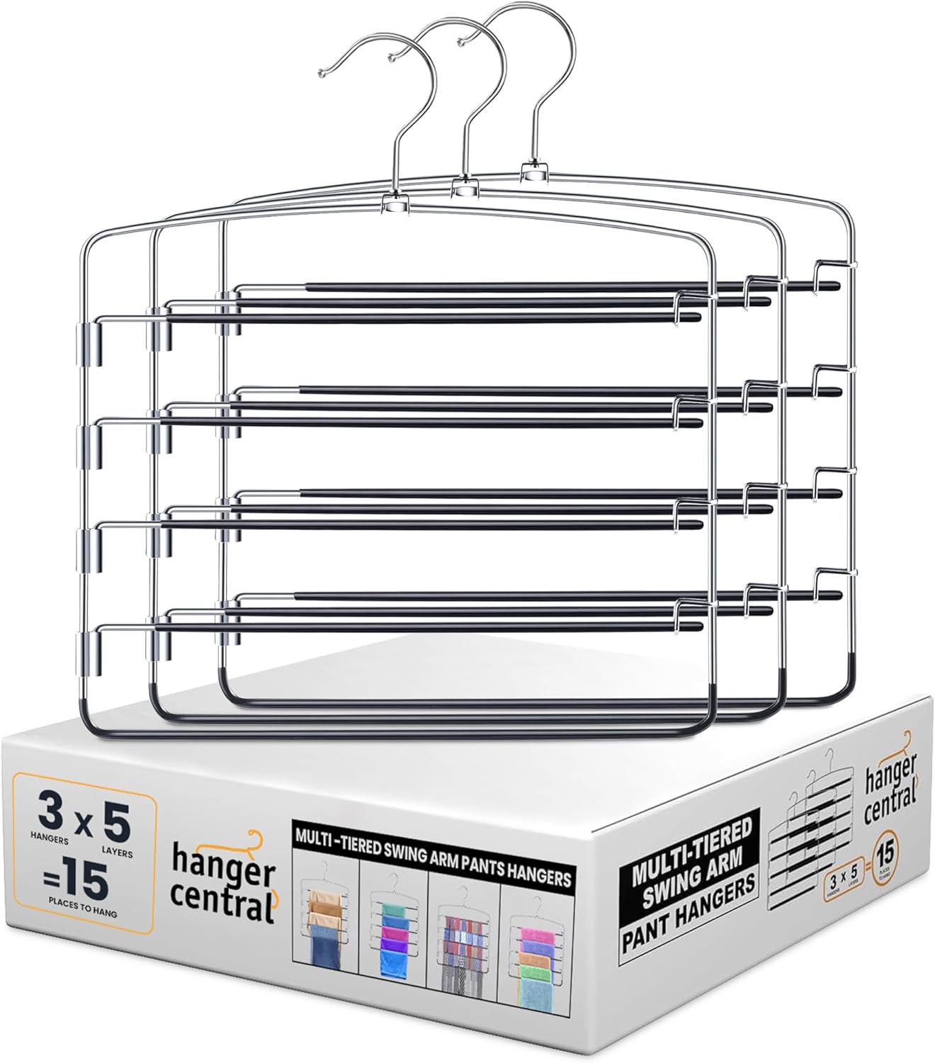 Hanger Central 3 Pack Space Saving Swing Arm Pants Hangers – 5 Tier Stainless Steel Multi-Layer Closet Organizer for Jeans, Slacks, Trousers, Skirts – Non Slip Hangers for Clothes, Black