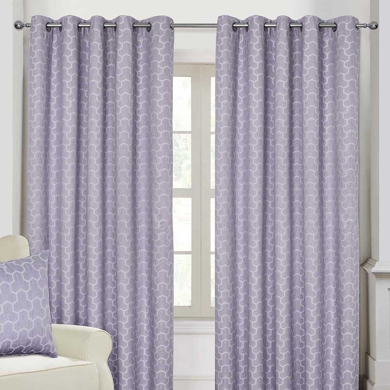 Homescapes Purple Lilac Geometric Jacquard Blackout Eyelet Curtain Pair, 90 X 72"