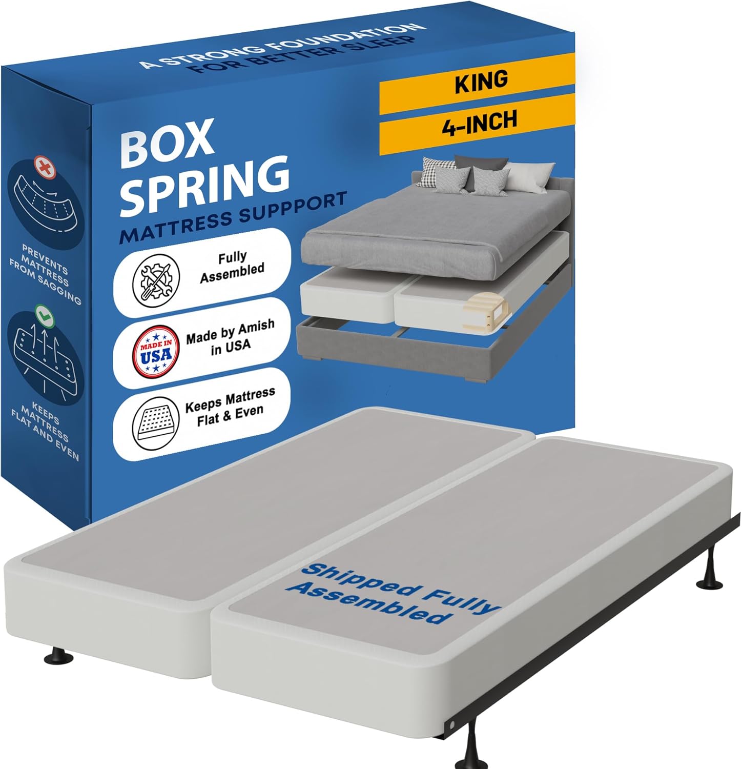 greaton, 4-inch sturdy box spring for mattress support-durable and fully assembled, natural wood foundation for king, white 4" foundation king white