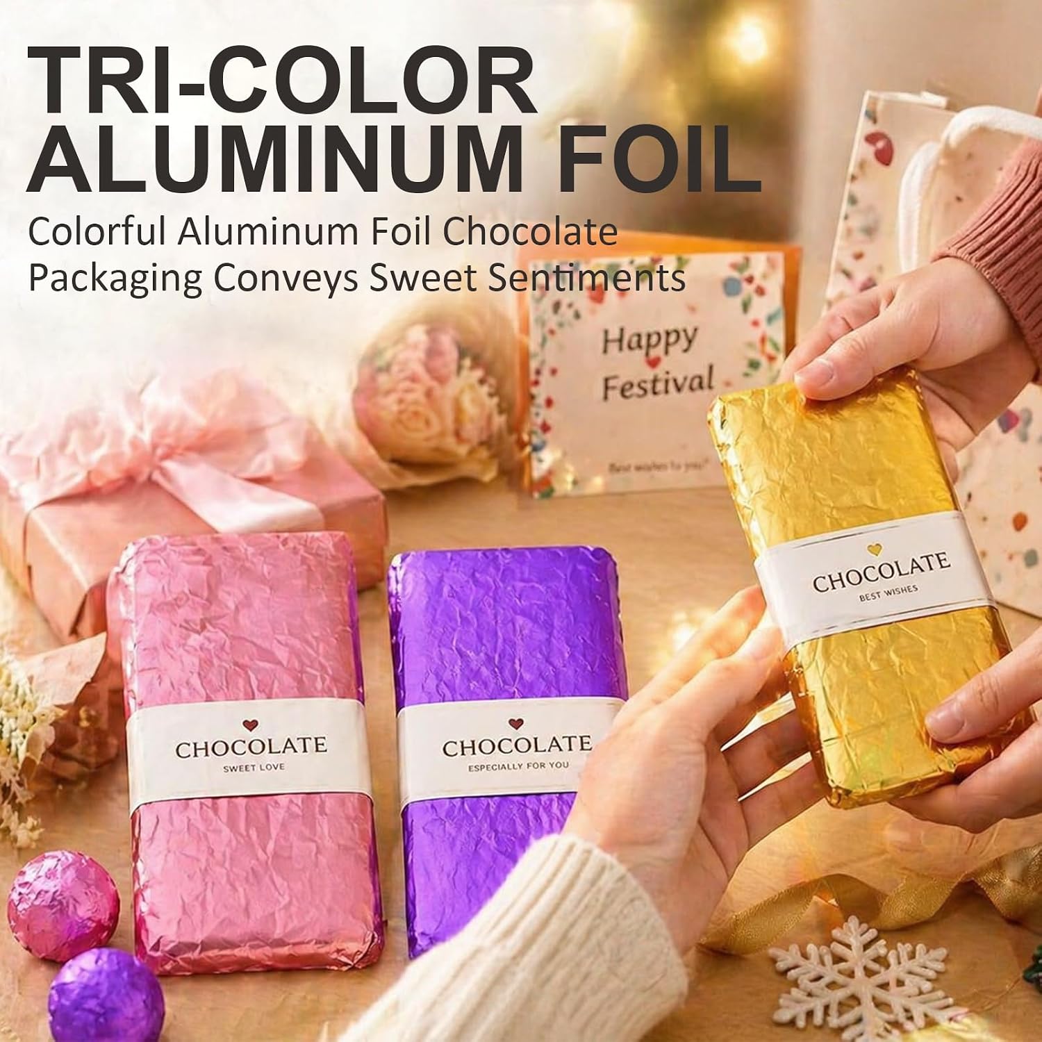 300 Pieces Candy Wrappers for Homemade Candy, Gold Aluminum Foil, Chocolate Bar Wrappers for Christmas Wedding Birthday Homemade Sweets 7.5 x 6 Inch (Gold/Pink/Purple)