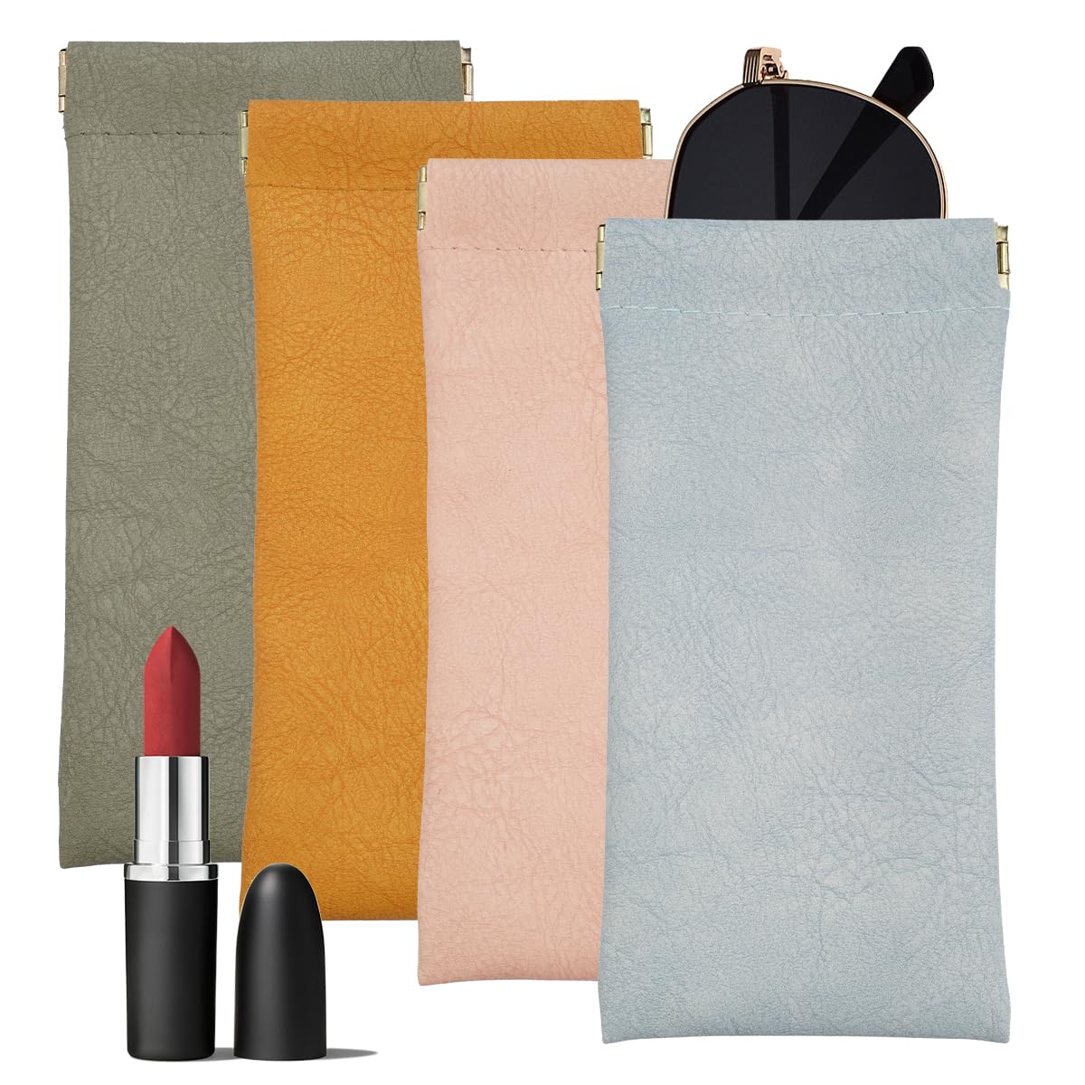 CALORPET Glasses Case Soft, 4 Pack Squeeze Top Sunglasses Case, 2025 New PU Leather Lightweight Eyeglass Cases For Women Men