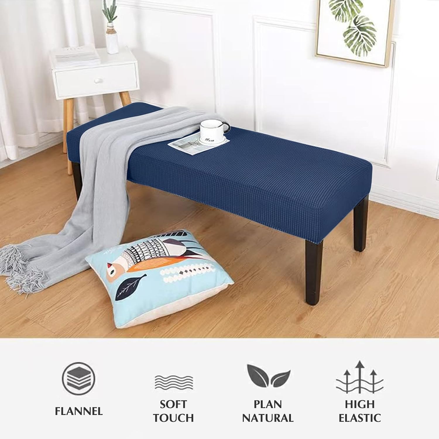 Stretch Dining Bench Cover Extra-Long - Anti-Dust Removable Slipcover for Living Room, Bedroom, Kitchen - Washable Print Seat Protector Plus Size (Navy Blue, Long 70.86-82.67 in)