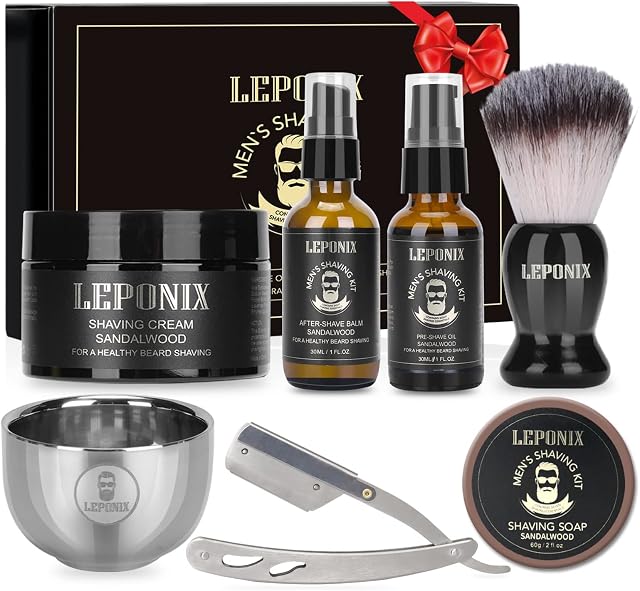 Shaving Kit for Men, Aftershave Gift Set for Men with Sandalwood Shaving Cream, Mens After Shave Balm, Pre-Shave Oil,Shaving Brush and Bowl,Shaving Soap Gift Set for Him Boyfriend Stocking Fillers