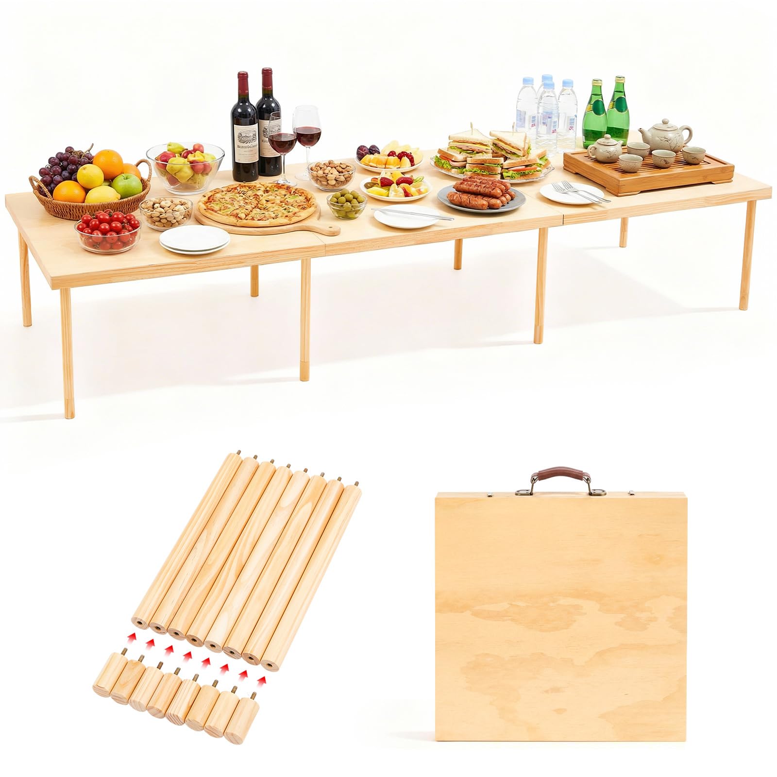 Photo 1 of Leinuosen 90"x30" Boho Wooden Picnic Table, Portable Folding Outdoor Low Picnic Table with Adjustable Legs Height 13'' & 16'' for Floor Seating, Beach, Camping, BBQ, Backyard, Seating for 8-10 People