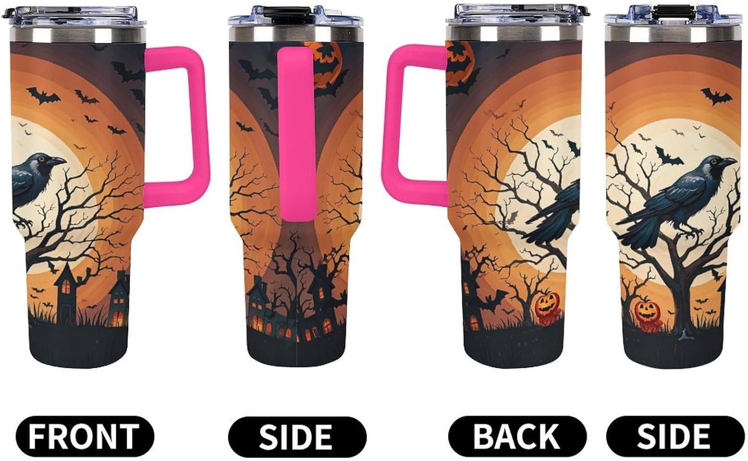 Raven Halloween Travel Coffee Mug Reusable Durable Stainless Steel Insulated Tumbler with Handle And Straw Leak Resistant Portable Thermal Cup Gifts for Men Women 40 Oz