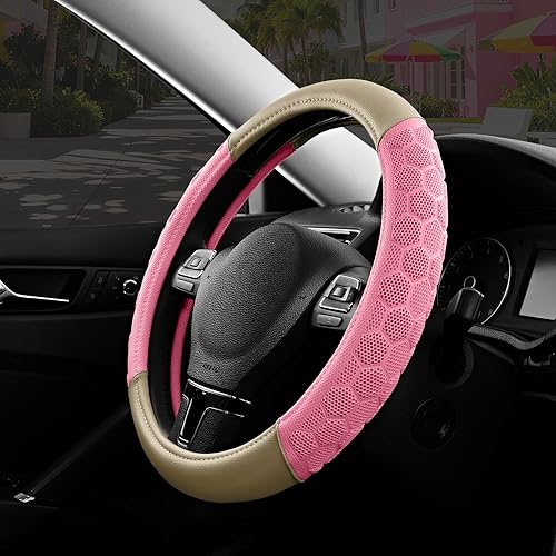 Cubierta de Volante de Masaje PIC AUTO, Cubierta de Volante de Coche de Cuero Beige y Material de Patrón de Fútbol Rosa Combinado, Cubierta de