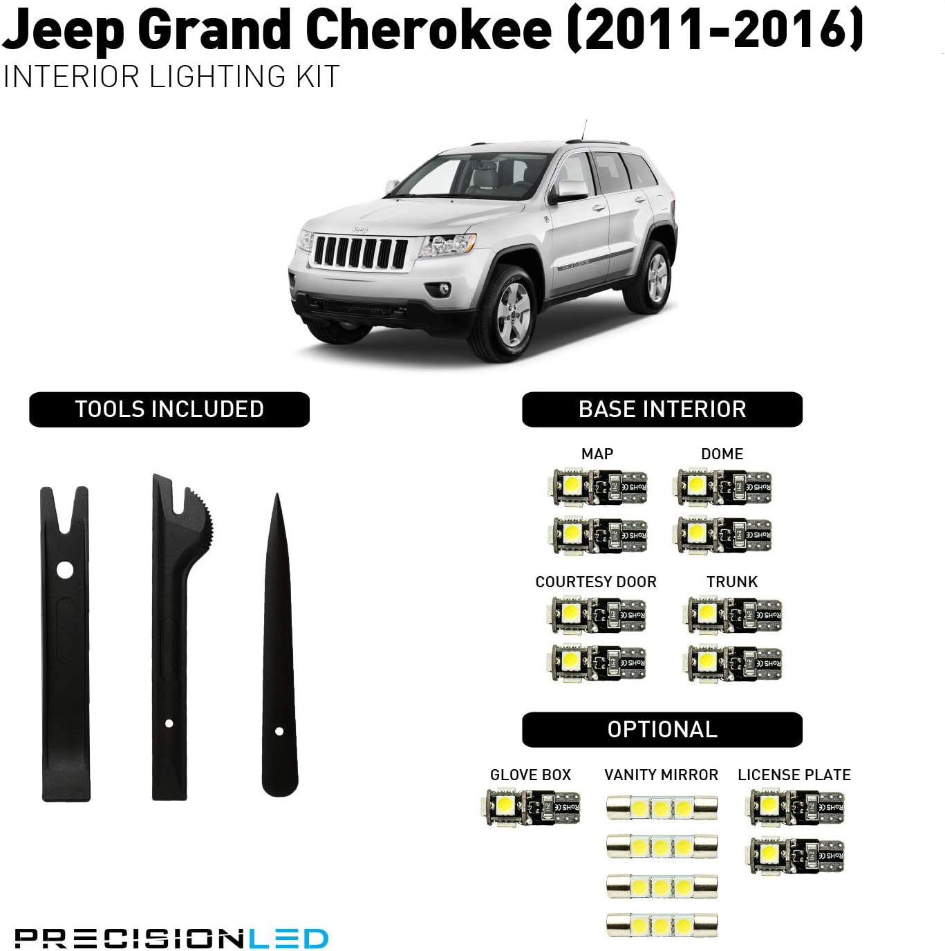 PrecisionLED Interior Lighting Kit compatible with 2011-2019 Jeep Grand Cherokee - Comes with License Plate LED's & Install Tools (6000K)