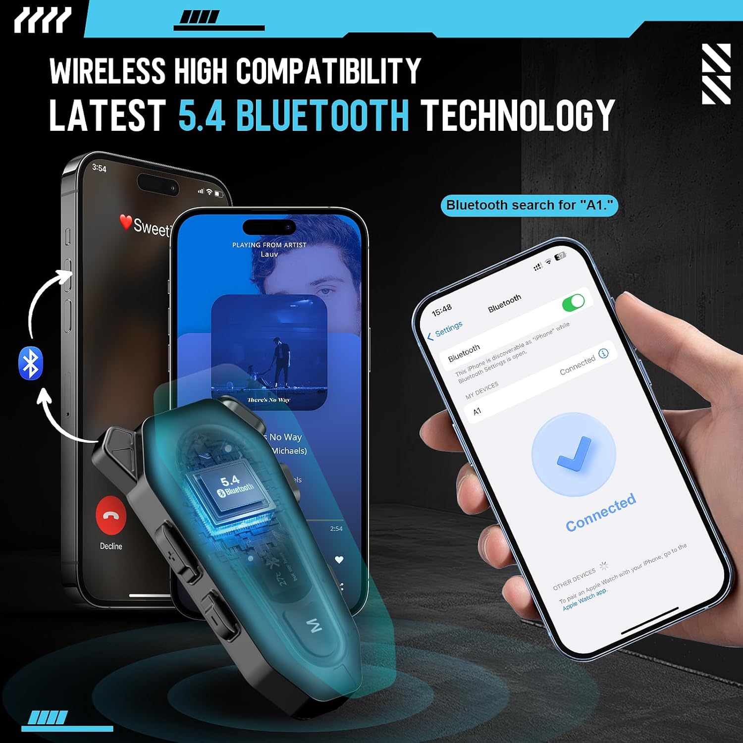 Motorcycle Bluetooth 5.4 Headset with LCD Screen,Motorcycle Helmet Speakers with 2 Mic,3D Stereo Sound,48h Music&FM,Noise Reduction and Waterproof Headset for Helmet Accessories