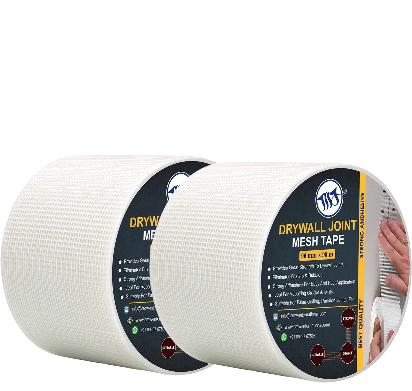 M.J Drywall Mesh Tape 96mm x 90m β (Pack of 2) Self-Adhesive Fibreglass Joint Scrim Tape for Plasterboard, Drywall & Wall Crack Repair β Strong White Reinforcement Tape for Builders & DIY