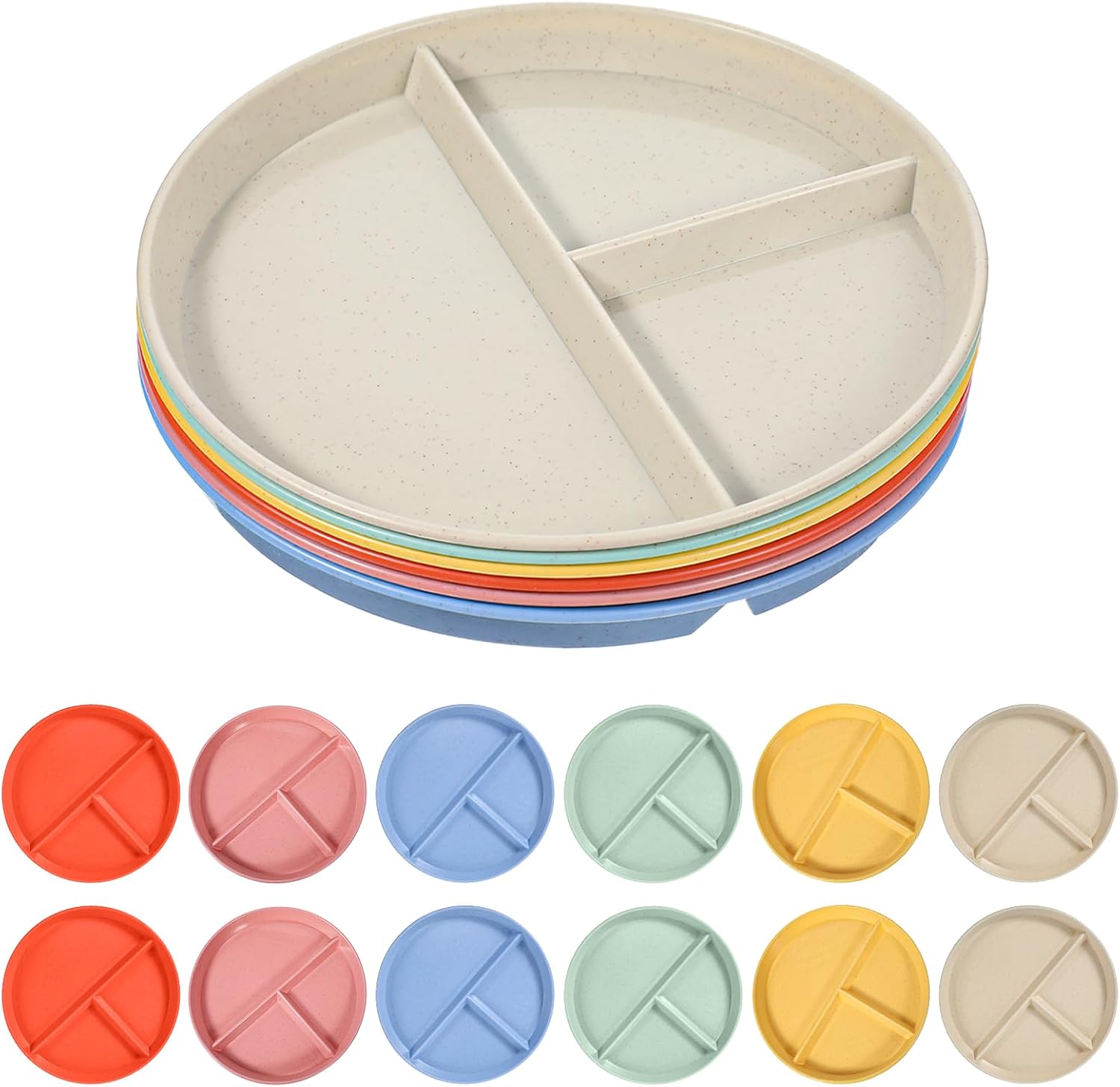 12-Pack Unbreakable Divided Plates, 9-Inch Wheat Straw Portion Control Plates – Dishwasher & Microwave Safe, BPA-Free, 3-Compartment Plate for Adults (6 Colors)