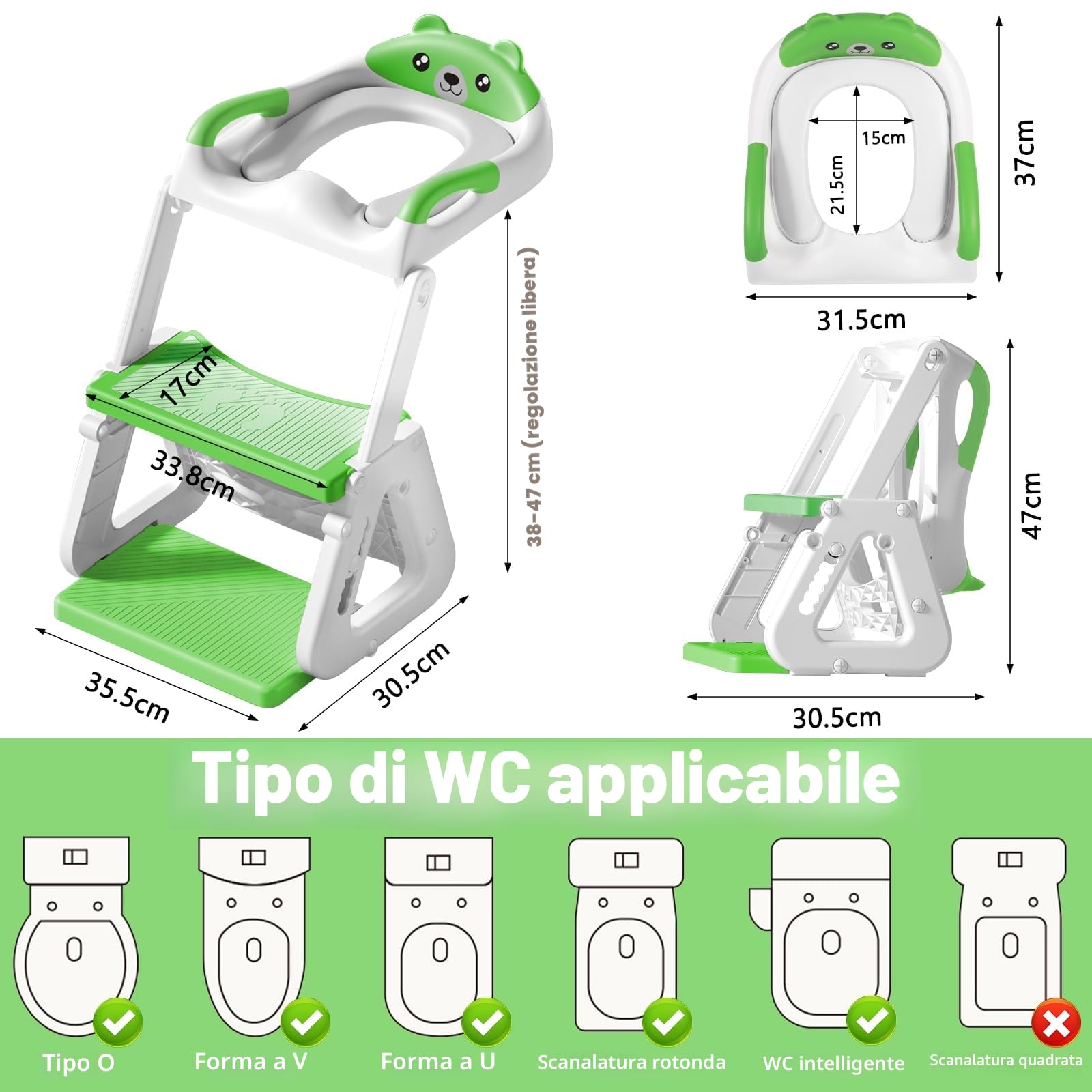 Riduttore WC per Bambini, Riduttore Water Bambini con Scaletta Scaletta WC per Bambini, con PU Morbida Seduta Imbottita, Pieghevole, Antiscivolo,Regolabile,Adatto per Tazze WC a V, U Oppure O