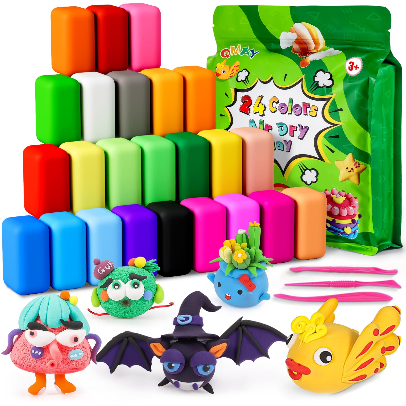 QMAY Air Dry Clay, 24 Colors Ultra Light Magic Modeling Clay for Kids with Tools DIY Craft Dough Molding Gift for Boys and Girls