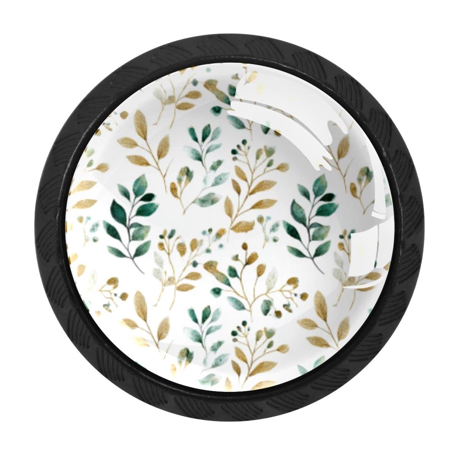 CHENZZZZ 4 Pieces Round Cabinet Knobs Rustic Dresser Knobs, Drawer Cupboard Wardrobe Cabinet Pulls Handles Hardware for Home Kitchen Furniture, Gold Green Leaves and Branches (2)