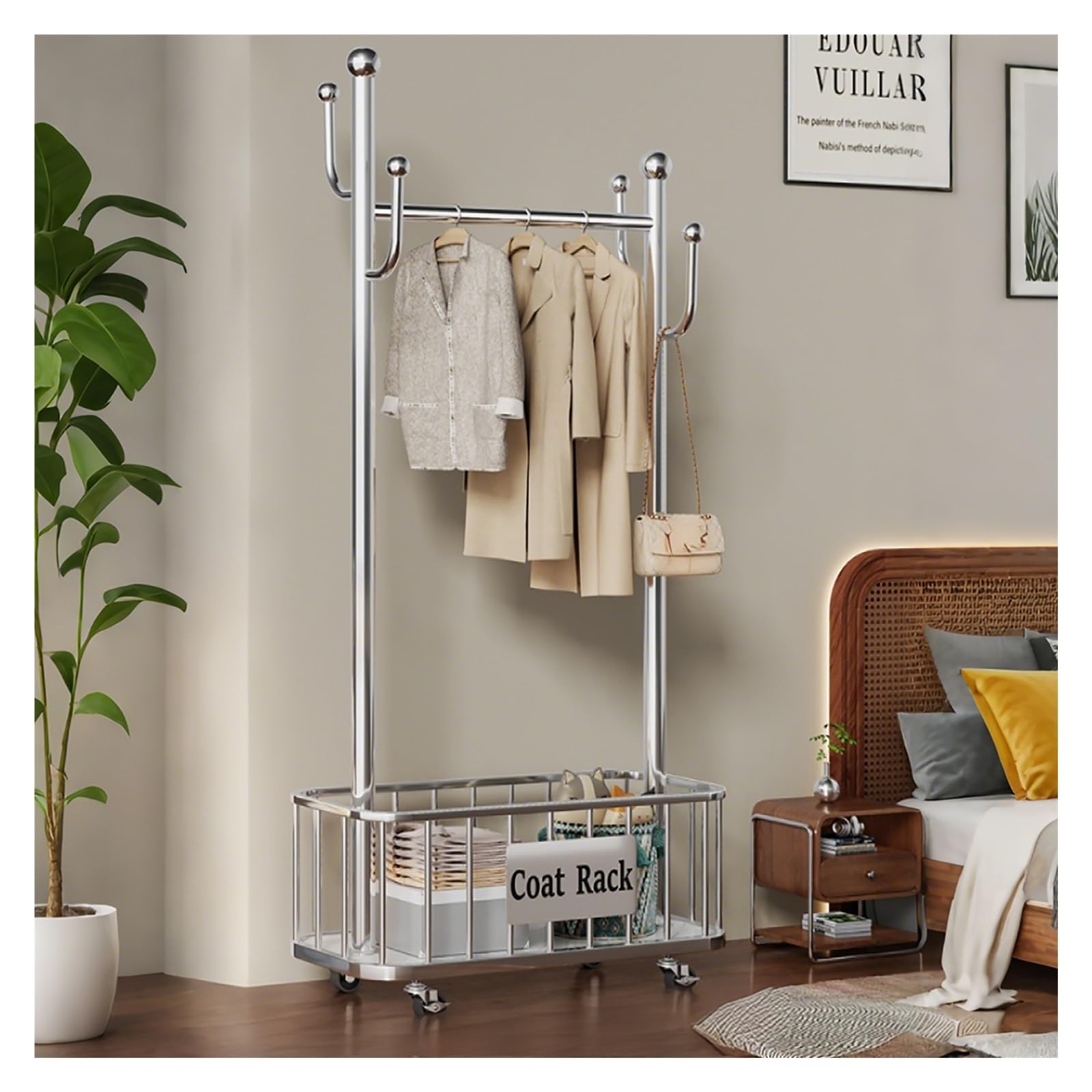 Lshtshf-ou Heavy Duty Rolling Clothes Rack Clothing With Wheels Garment Racks For Hanging Wardrobe For Bedroom Laundry Living Room(Silver,60cm/23.6in)