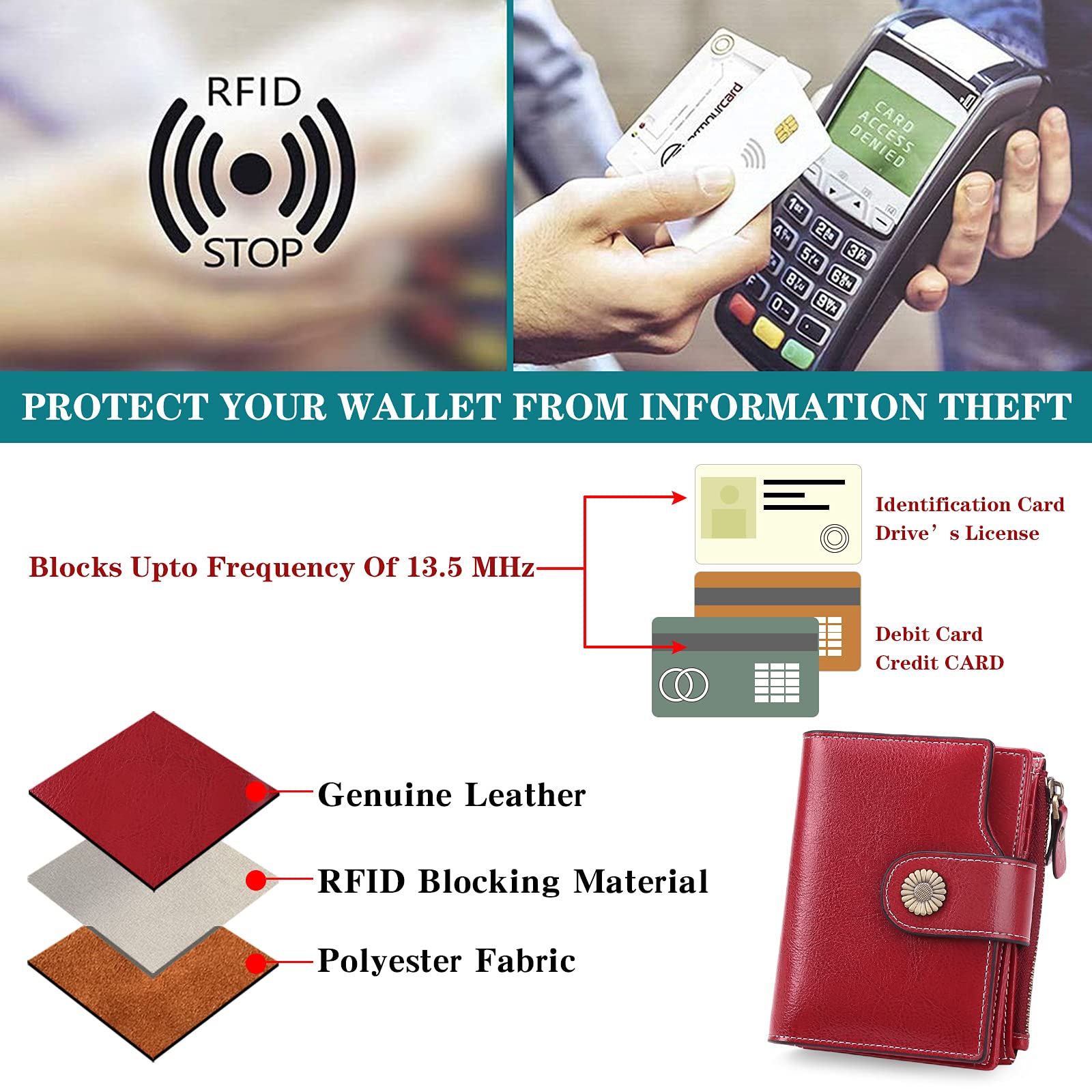 SENDEFN Cartera Monedero Mujer pequeña de Piel auténtica - 16 Ranuras para Tarjetas con Bloqueo RFID - Billetera Cartera de Tarjetero y Cremallera para Monedas