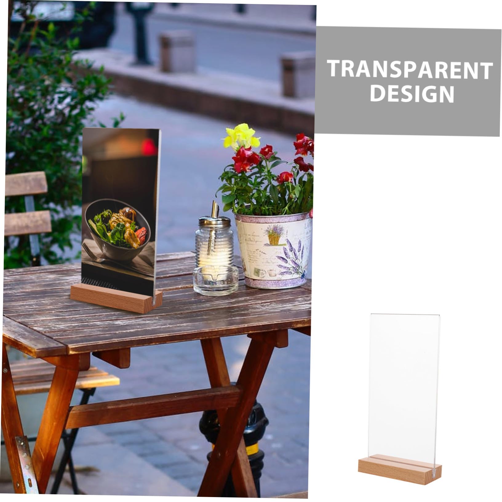 DOITOOL 5 piezas Soporte Acrílico Transparente con Base de Madera para Menú Expositor de Mesa Doble Cara Forma T Pack de Unidades para Restaurantes Bodas y Oficinas