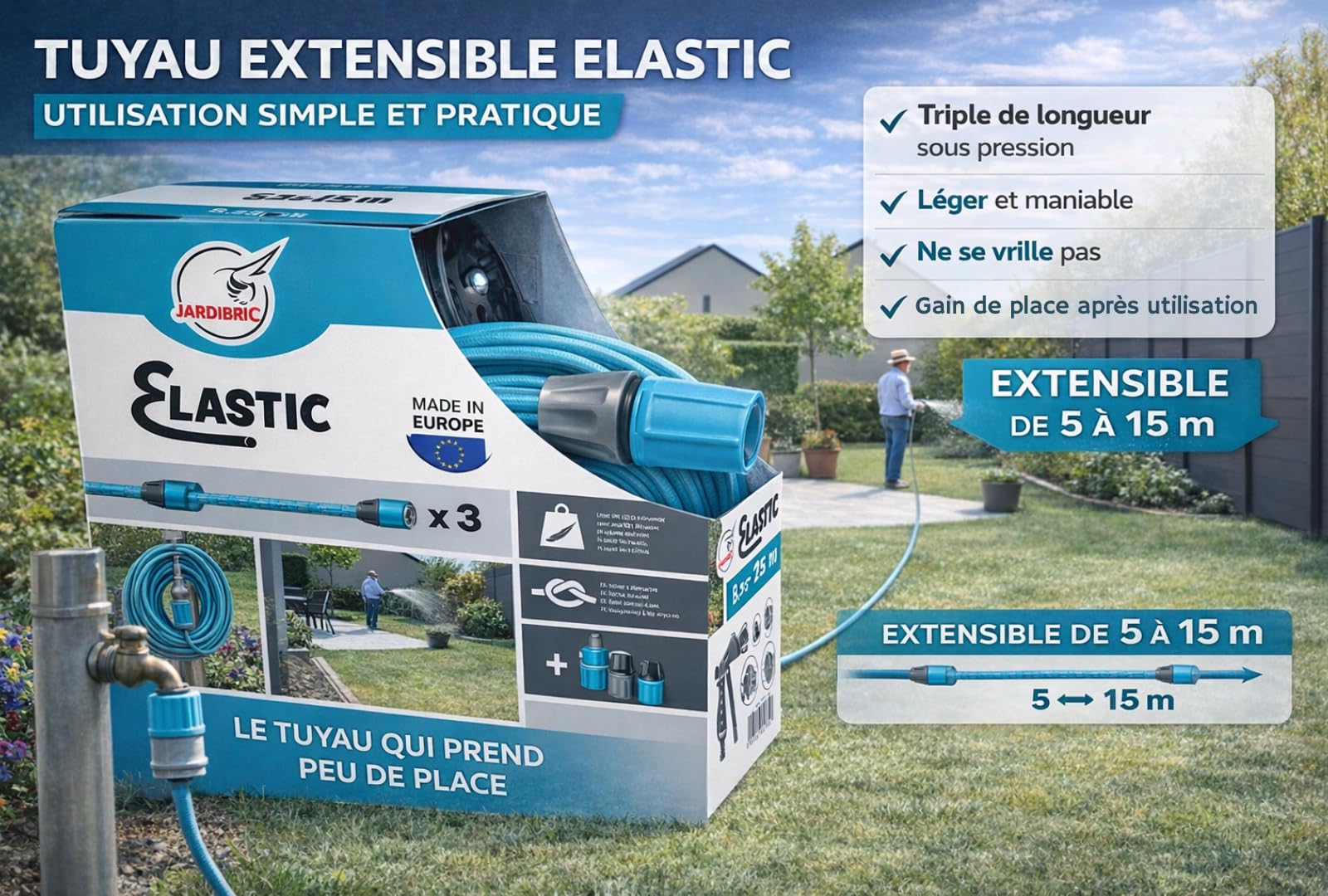 Jardibric – Kit de manguera extensible para riego – 5 a 15 m – Manguera elástica con accesorios – Jardín