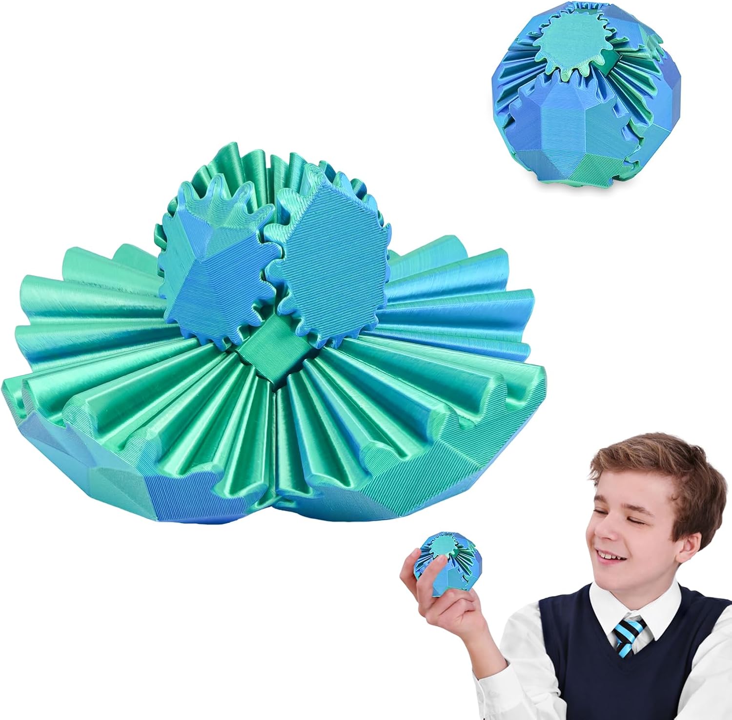 Gear Ball 3D Printed Fidget, Square Gear Sphere Stress Relief Toys, Cool Office Toys,GearSphere Desk for Anxiety Relaxing,Gift for Adults & Kids(Blue Green,2.3 Inch) (Blue Green, 2.3 Inch)