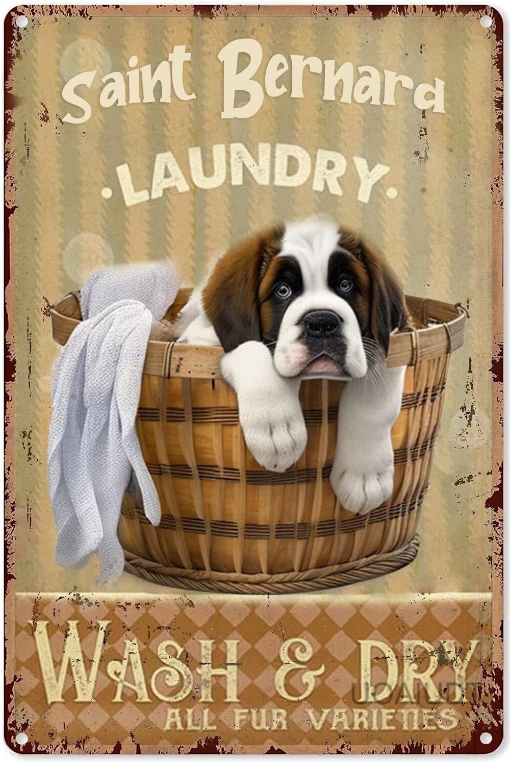 Vintage Saint Bernard Laundry Tin Sign Wash & Dry All Fur Varieties Laundry Room Metal Poster Retro Plaque Wall Decor Gift For Garden Men Cave Garage Classroom Library Living Room Cinema 16x24 Inch