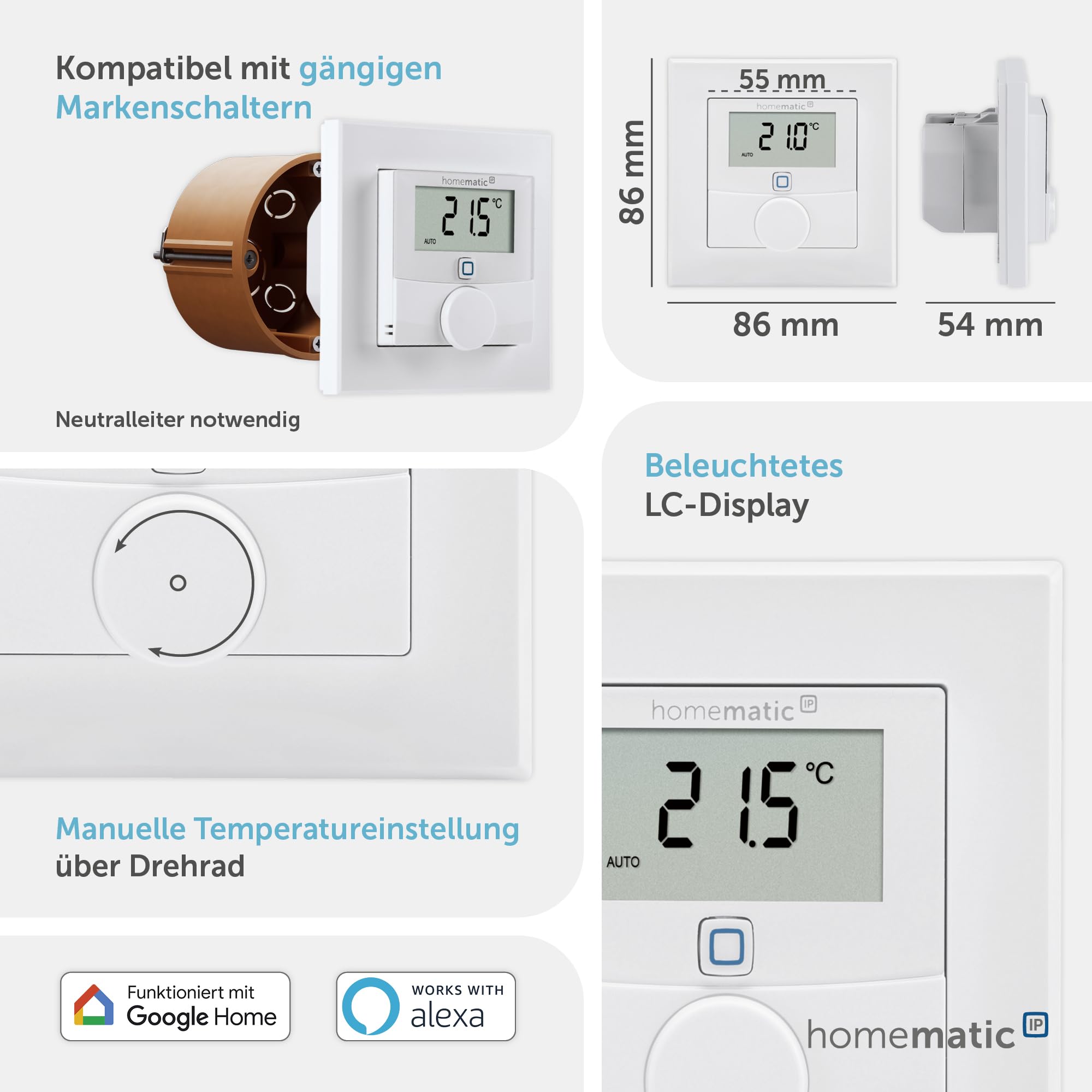 Homematic IP Wandthermostat mit Schaltausgang – für Markenschalter, Smart Home, digitales Thermostat Fußbodenheizung mit/ohne App, Alexa, Google Home, Temperaturmessung, Energie sparen, 150628A0