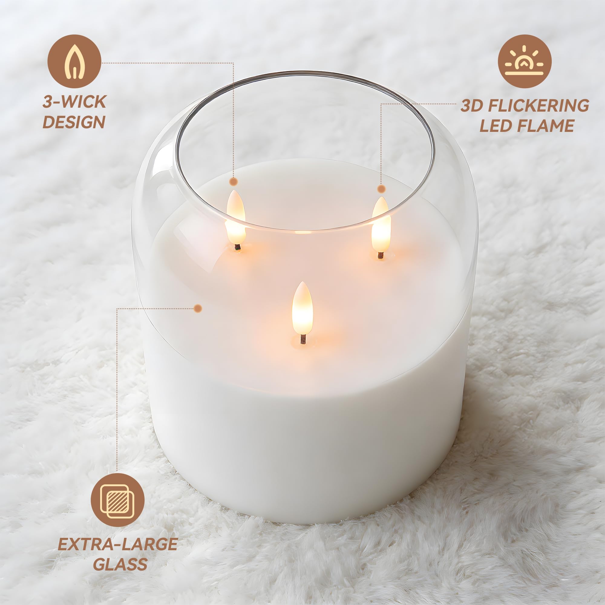 Candela in vetro senza fiamma a 3 stoppini con telecomando e timer, 15,2 x 15,2 cm, extra large, candela a pilastro a LED in vera cera, funzionamento a batteria, con fiamma tremolante 3D, per