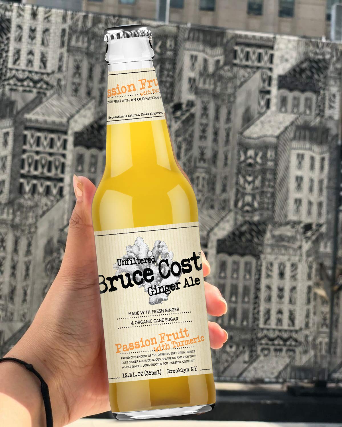 Bruce Cost - Unfiltered Ginger Ale - Passion Fruit with Turmeric - 12 oz (12 Glass Bottles)