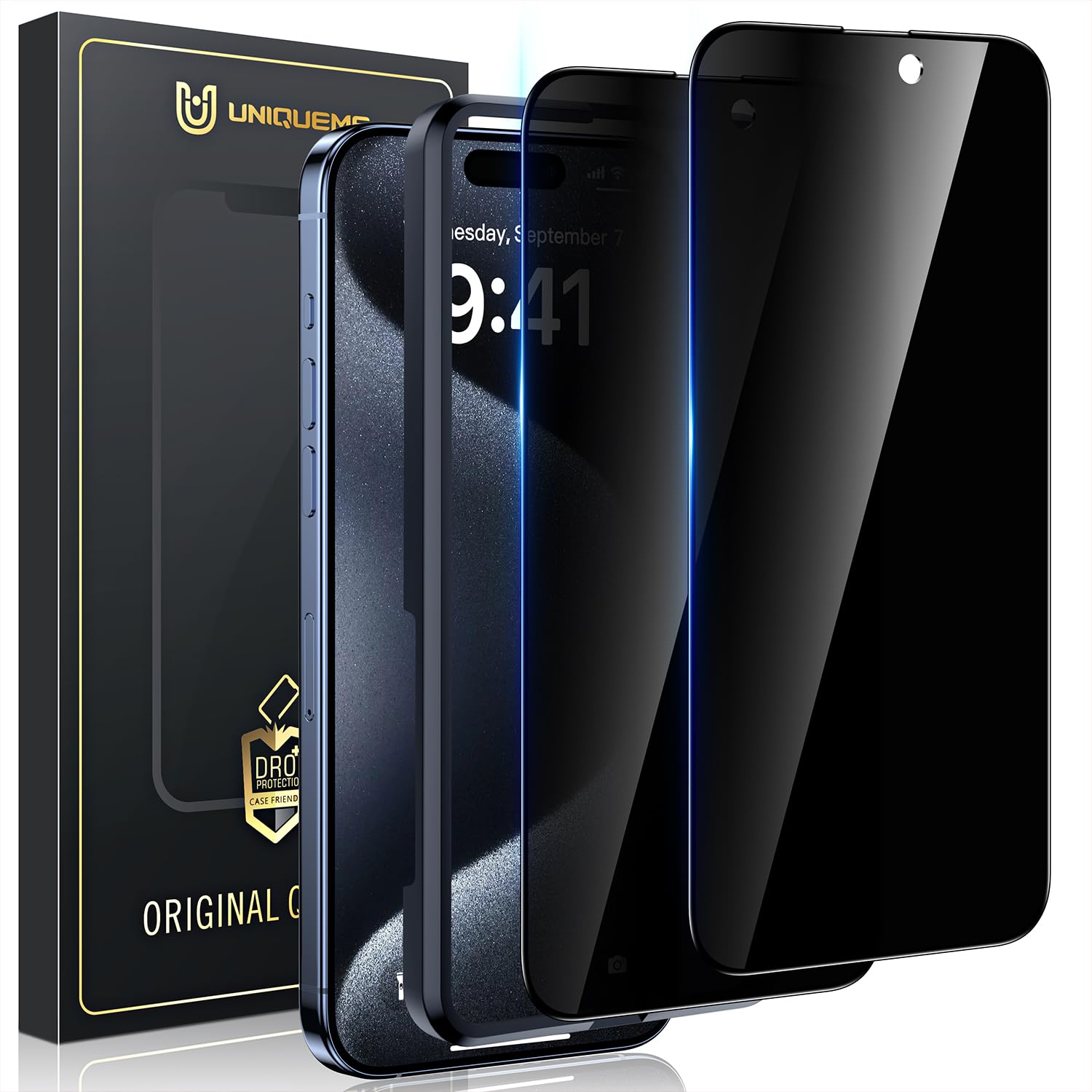 UniqueMe IPhone 15 Pro Max Privacy Screen Protector - 2 Pack Auto Dust Removal Tempered Glass