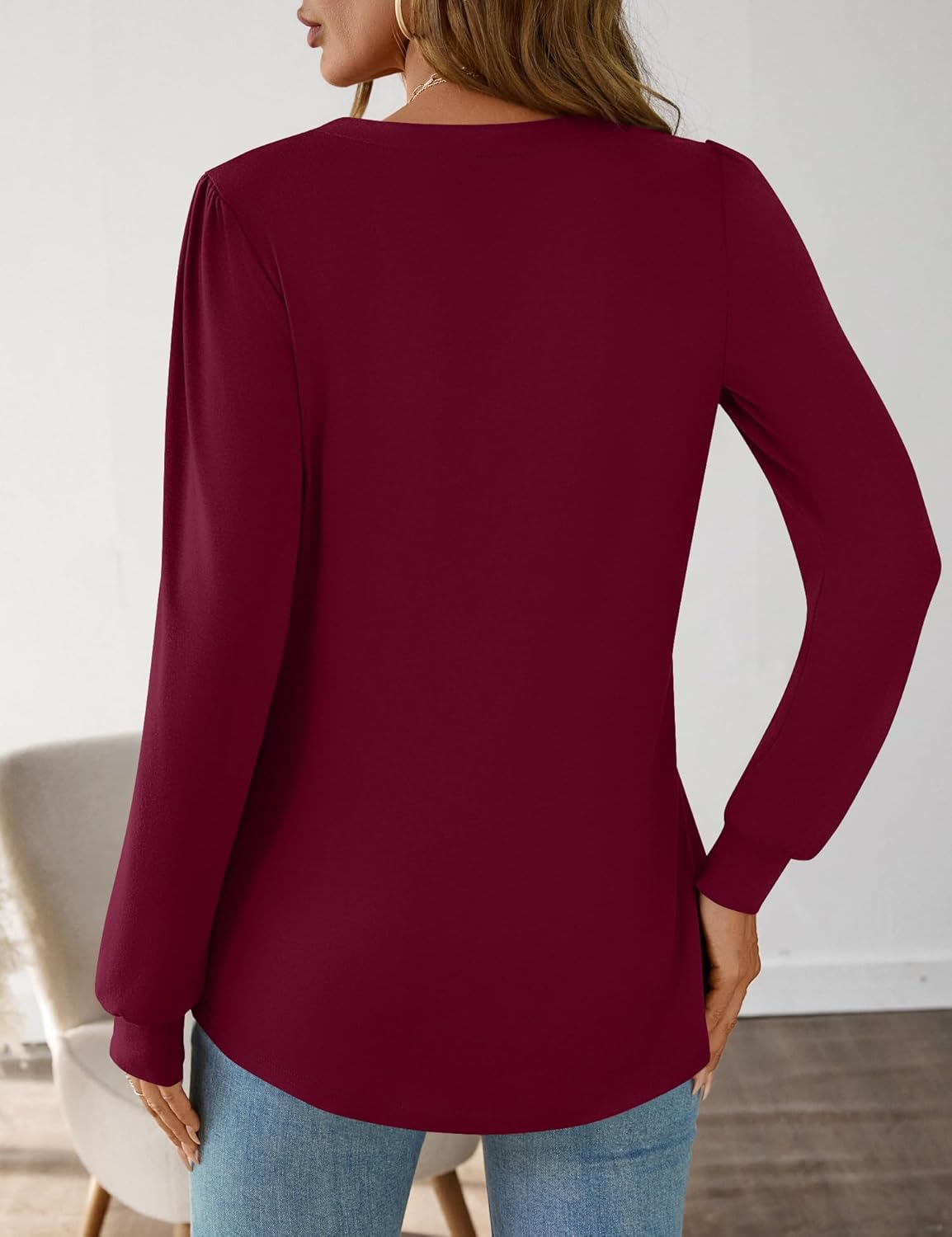 AKEWEI Womens Long Sleeve V Neck Shirts Pleated Business Casual Blouses Fall Loose Tunic Tops - Image 5