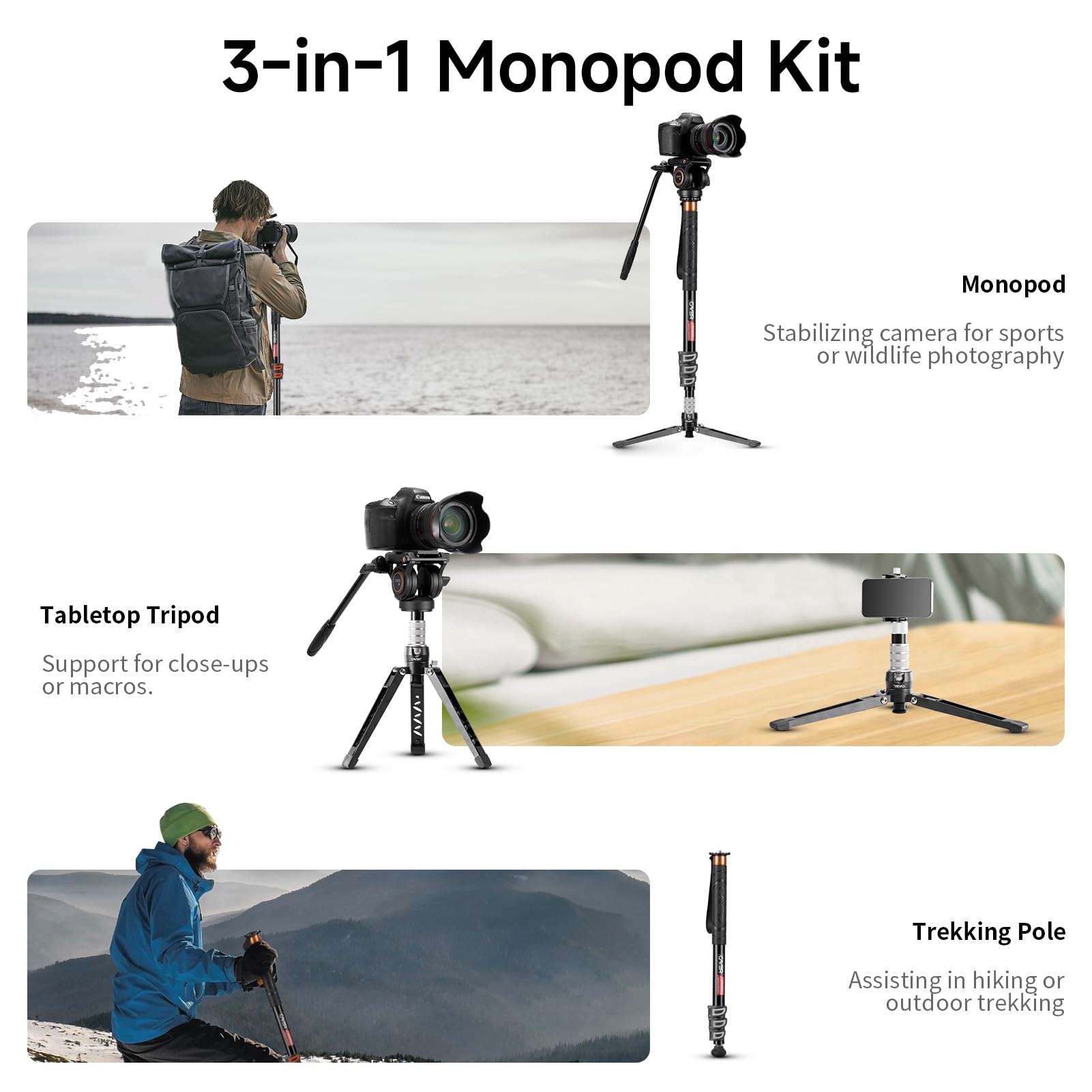 Cayer FP34DV 71 Pouces Monopode Professionnel Trépied Appareil Photo Télescopique Léger en Aluminium Monopode avec Tête Fluide Pan Tilt pour Canon Nikon Sony Olympus Panasonic DSLR Camera