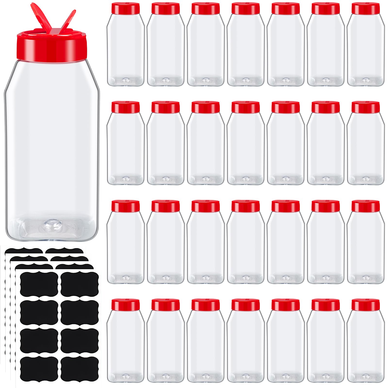 Lot de 28 Pots à Épices en Plastique 500 ml, Couvercles à Double Ouverture | Bocaux à Épices Réutilisables avec Étiquettes pour Sel, Herbes, Poivre, Poudres et Organisation de Cuisine