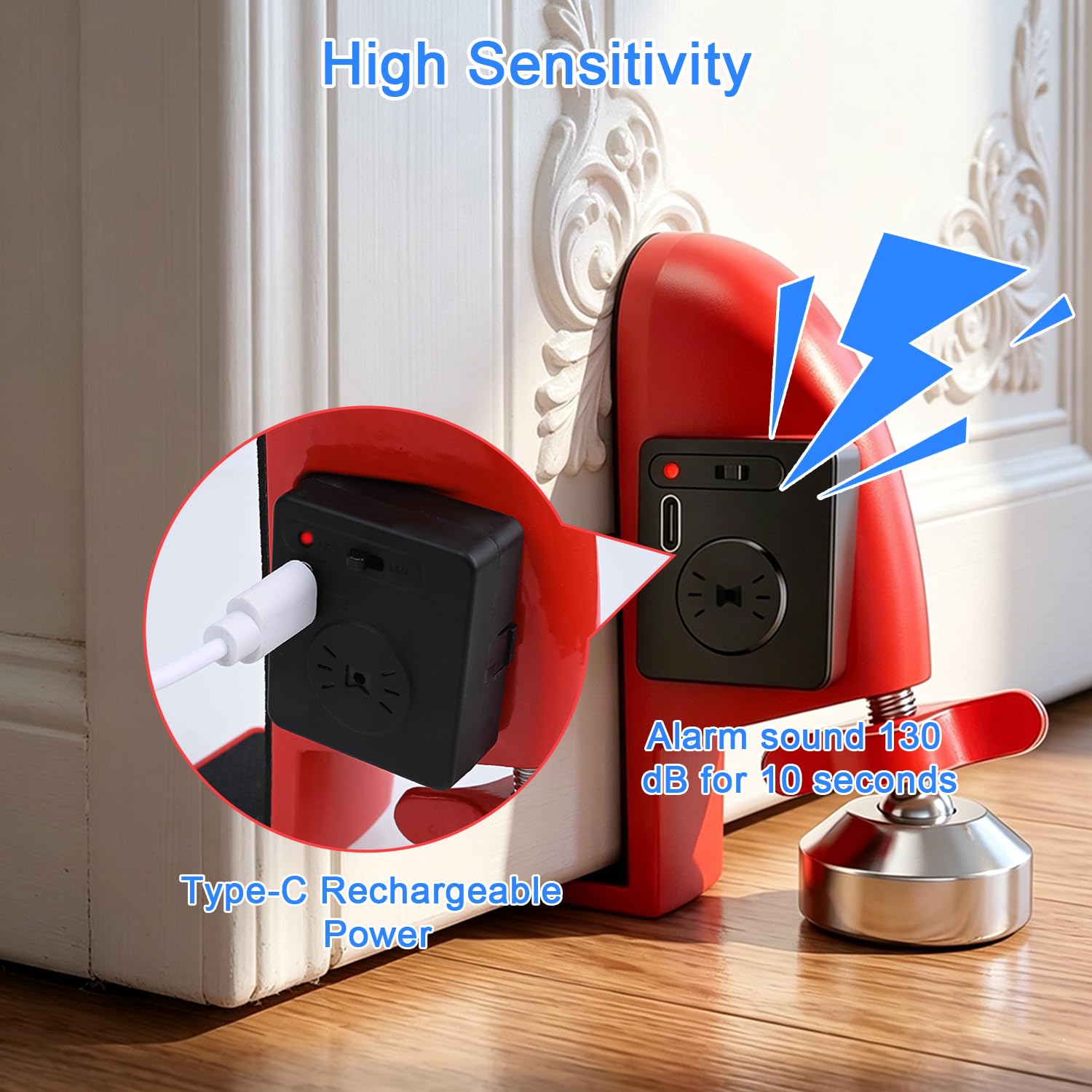 Tope de puerta de alarma portátil, bloqueador de puerta recargable, bloqueador antirrobo para seguridad de habitación de hotel y apartamento, fácil instalación de viaje
