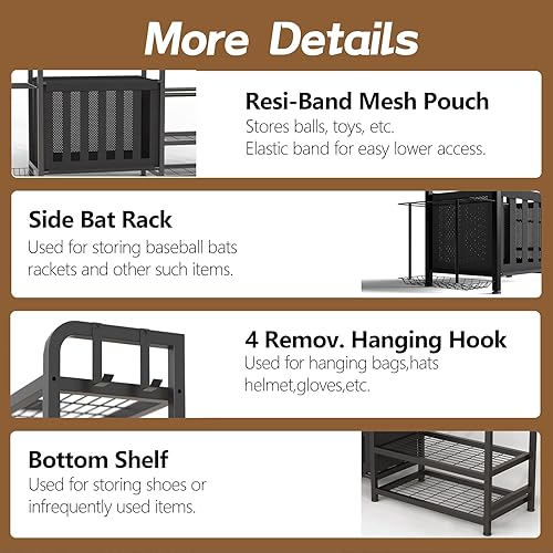 Miniatura 7 de Organizador de equipos deportivos de garaje, estante de almacenamiento para bolsas de golf, soporte de pelota resistente con cesta y ganchos,