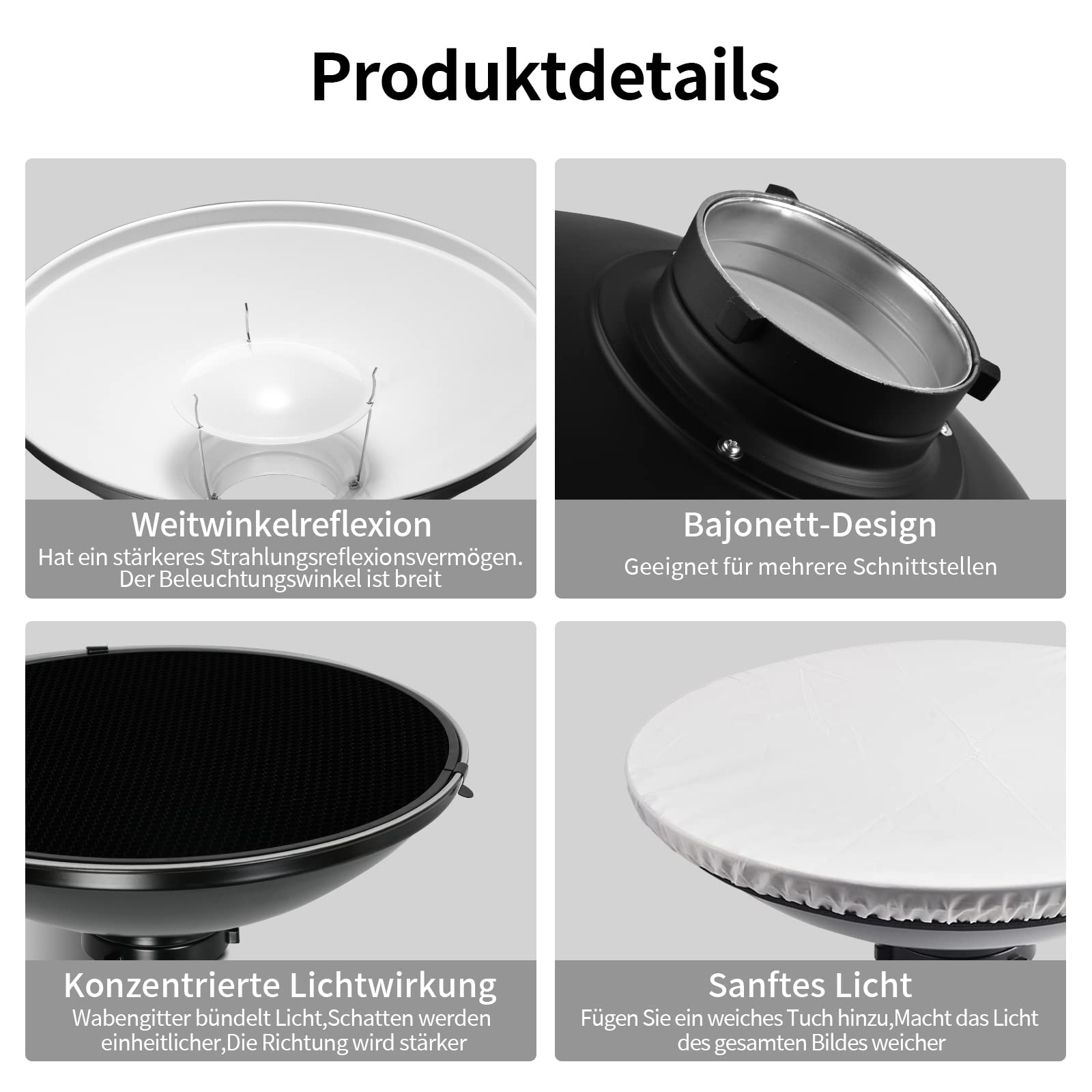 Soonpho Beauty Dish avec réflecteur Standard de 22 Pouces / 55 cm avec Grille à nid-d'abeille, chaudière diffuseur Blanc et Sac, pour lumière Flash Stroboscopique par Studio avec Montage Bowens