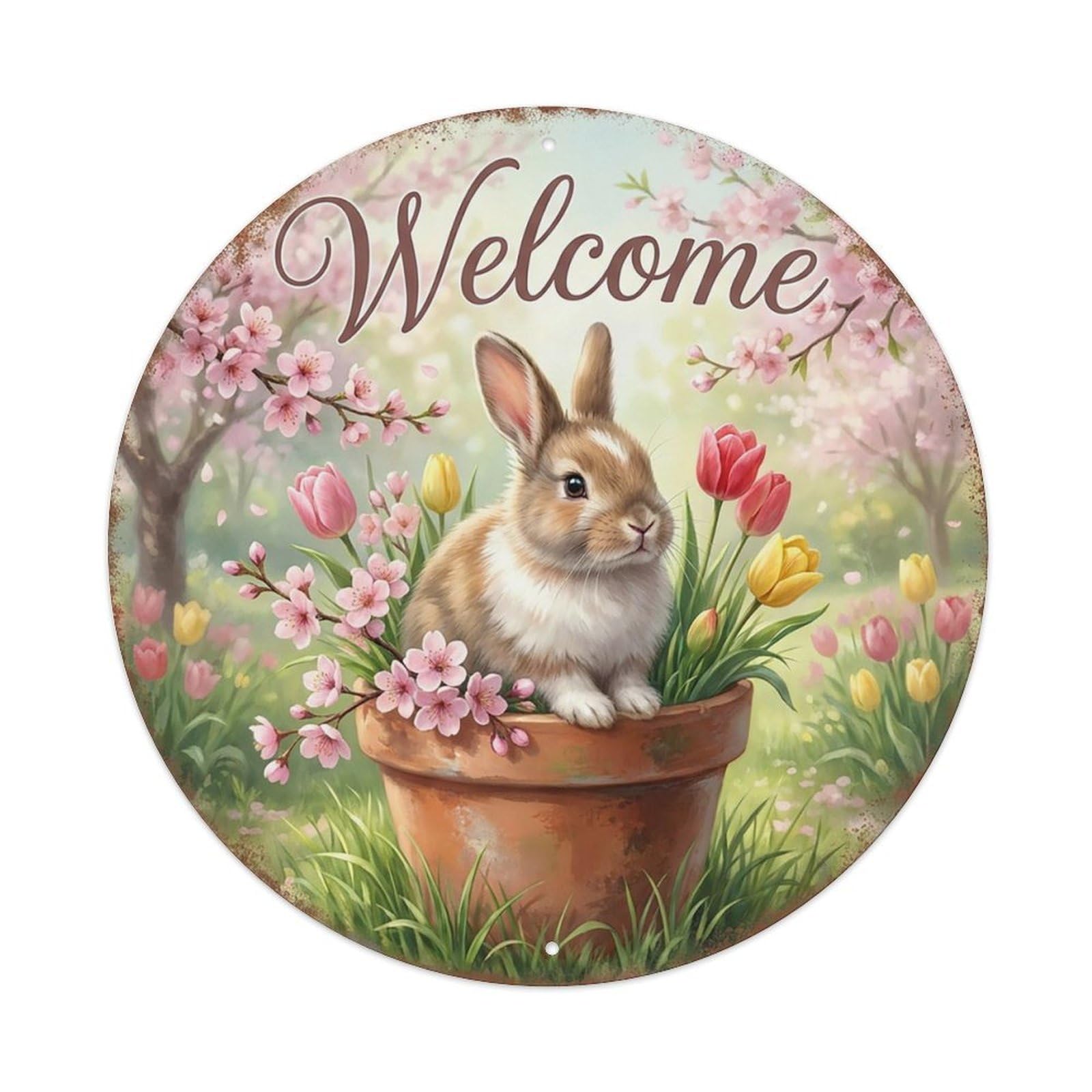 Welcome Bunny Spring Blossoms Vintage Metal Tin Sign Plaque Wall Decor for Cafe, Club Bar, Office, Garden Metal Poster 8x8Inch
