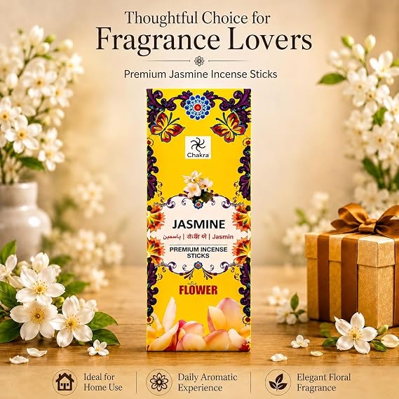 Chakra Jasmine Incense Sticks, Sweet Blooming Floral Aroma, 120 Count | Sweet blooming jasmine fills the room from first light: a lush white-floral fragrance for home, office and pooja corners.