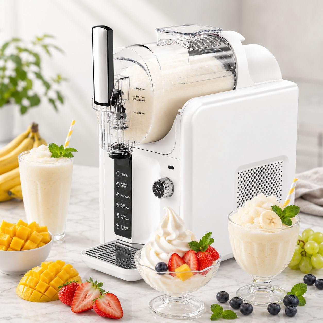 DIUNAOZI Slushie Machine, 2L,185W, 5-In-1 Slushy Machine-No Ice/Self-Cleaning,6 Preset Programs/360° Rotation/Quick cooling-For Slush,Cocktail,Frappé,Milkshake,Wine,12h Continuous Use white-110v