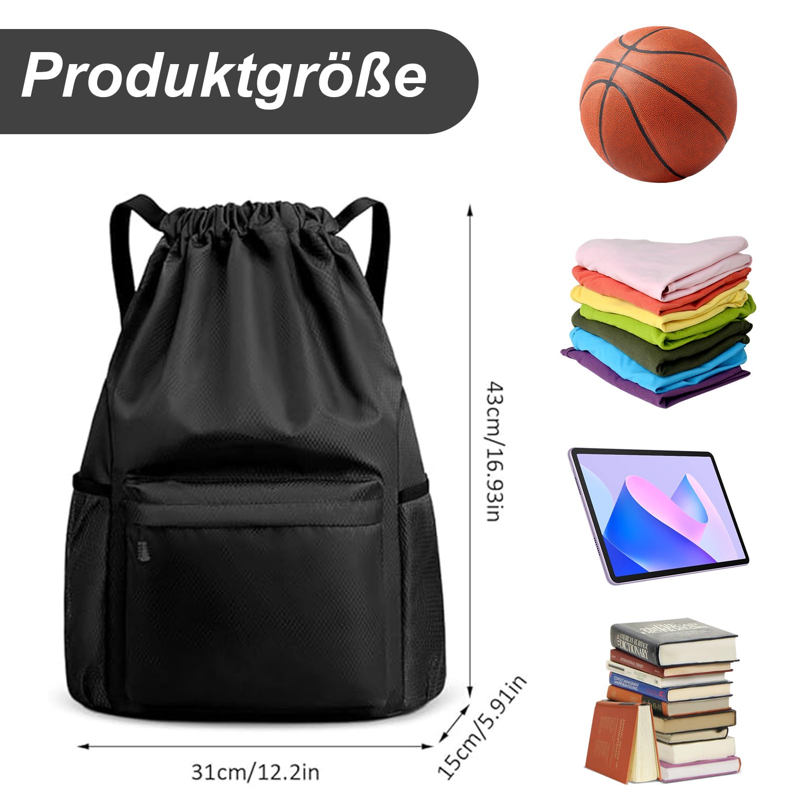 Foonary Bolsa de deporte con cordón, bolsa de deporte impermeable de gran capacidad, bolsa de deporte con cordón, bolsa de deporte negra para hombre y mujer, para deporte, uso diario, viajes, salidas — view 2