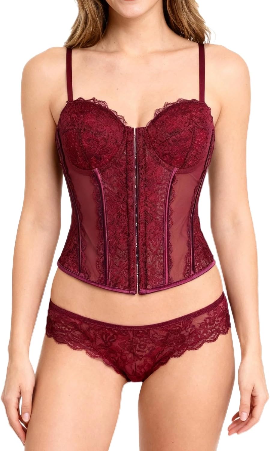 YUNAR Women Lace Bustier Corset Top Front Buckle Party Club Wear Going Out Sleeveless Adjustable Straps Crop Tops