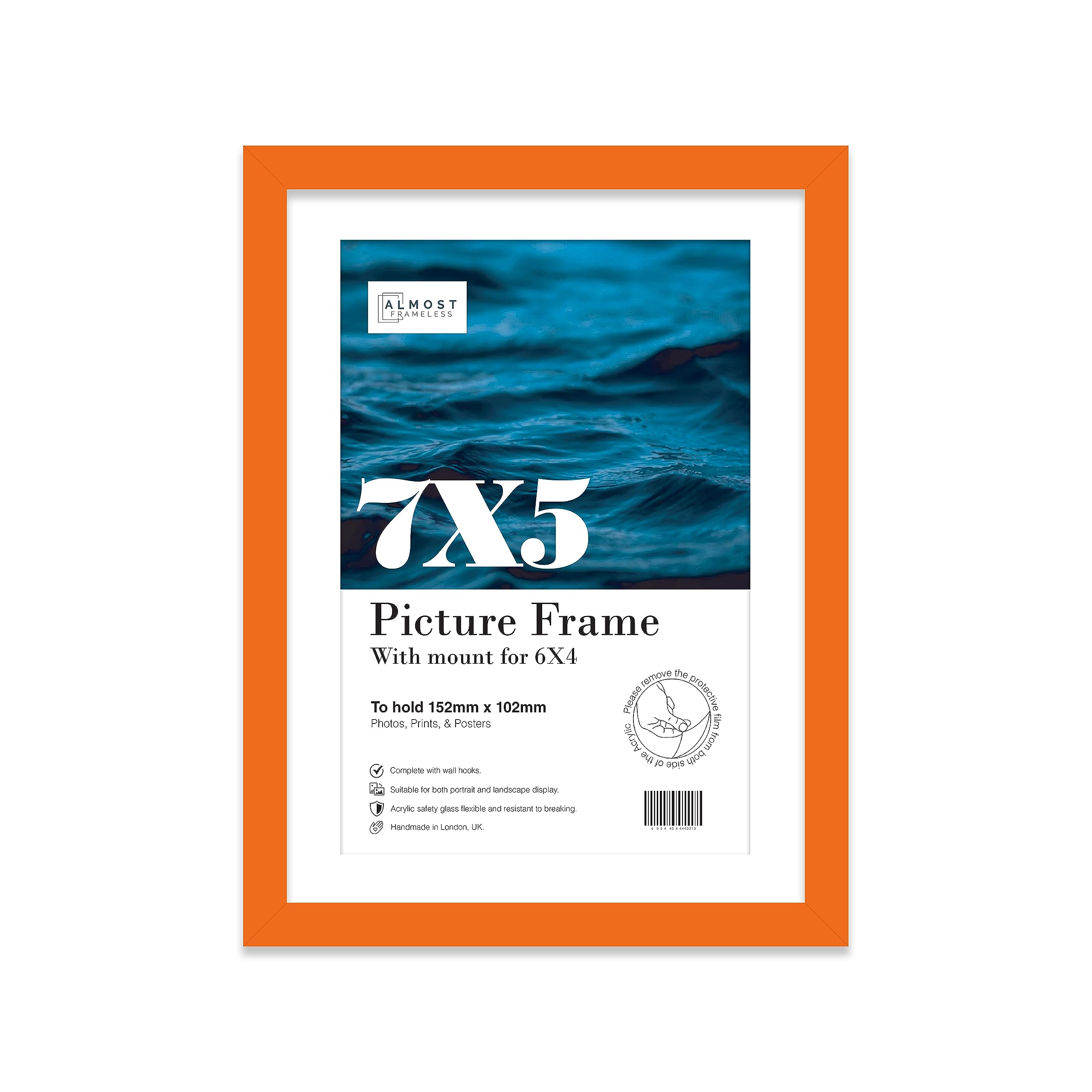 Almost Frameless 7x5 Orange Picture Frame With Mount for 6x4 Print, Poster or Photo Poster, Photo, Artwork, or Print. Thin Edge Slim Frame Portrait and Landscape Display with Wall Hooks