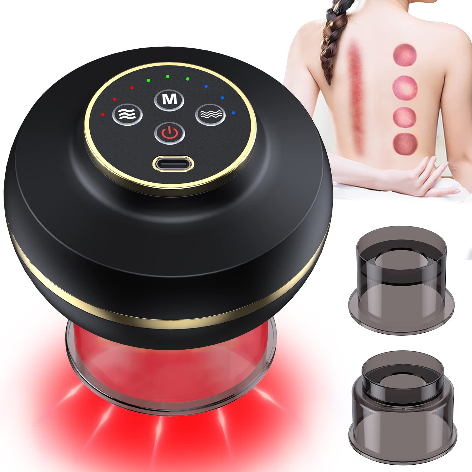 azamine - Set di coppettazione 4 in 1 Smart Dynamic Copping, massaggiatore anticellulite Gua Sha, con 3 diverse modalità, 3 velocità di vibrazione e riscaldamento, include 2 tazze di dimensioni, Nero