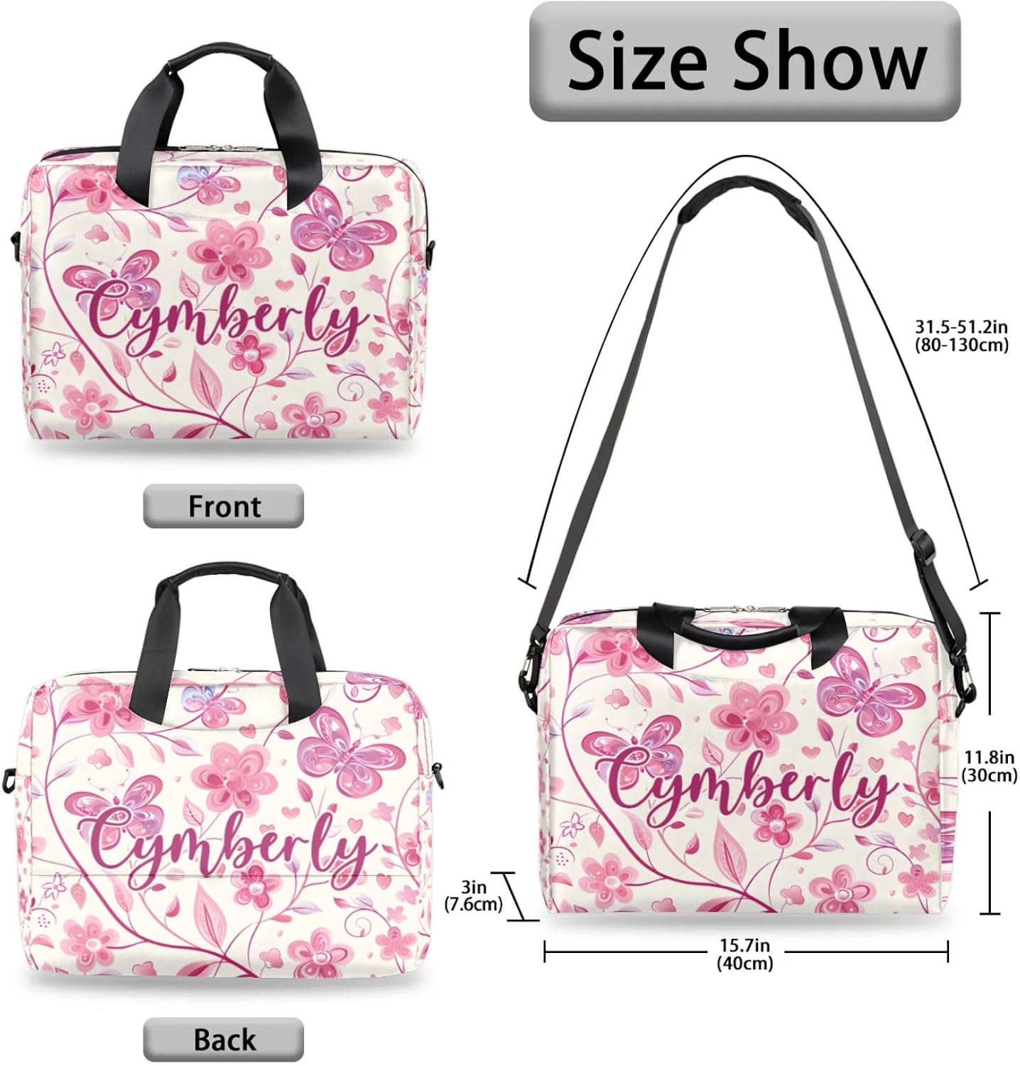 Personalized Name Flower Laptop Bag for Women, Custom Computer Bag Messenger Bags for Work Business, 16 Inch