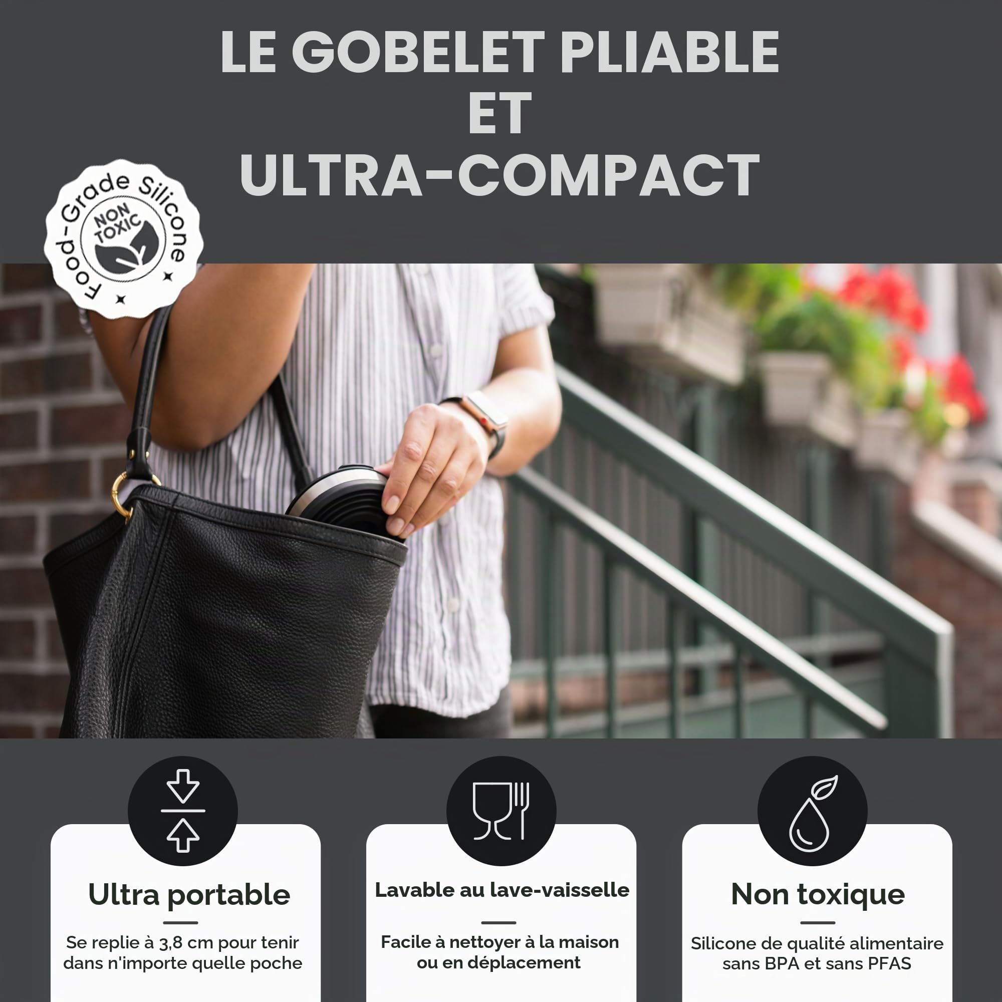 HYDAWAY Gobelet pliable avec couvercle et paille – Tasse de voyage isotherme en silicone, tasse de voyage pliable pour chaud et froid, tasse pliable pour café, thé, camping et randonnée, couvercle